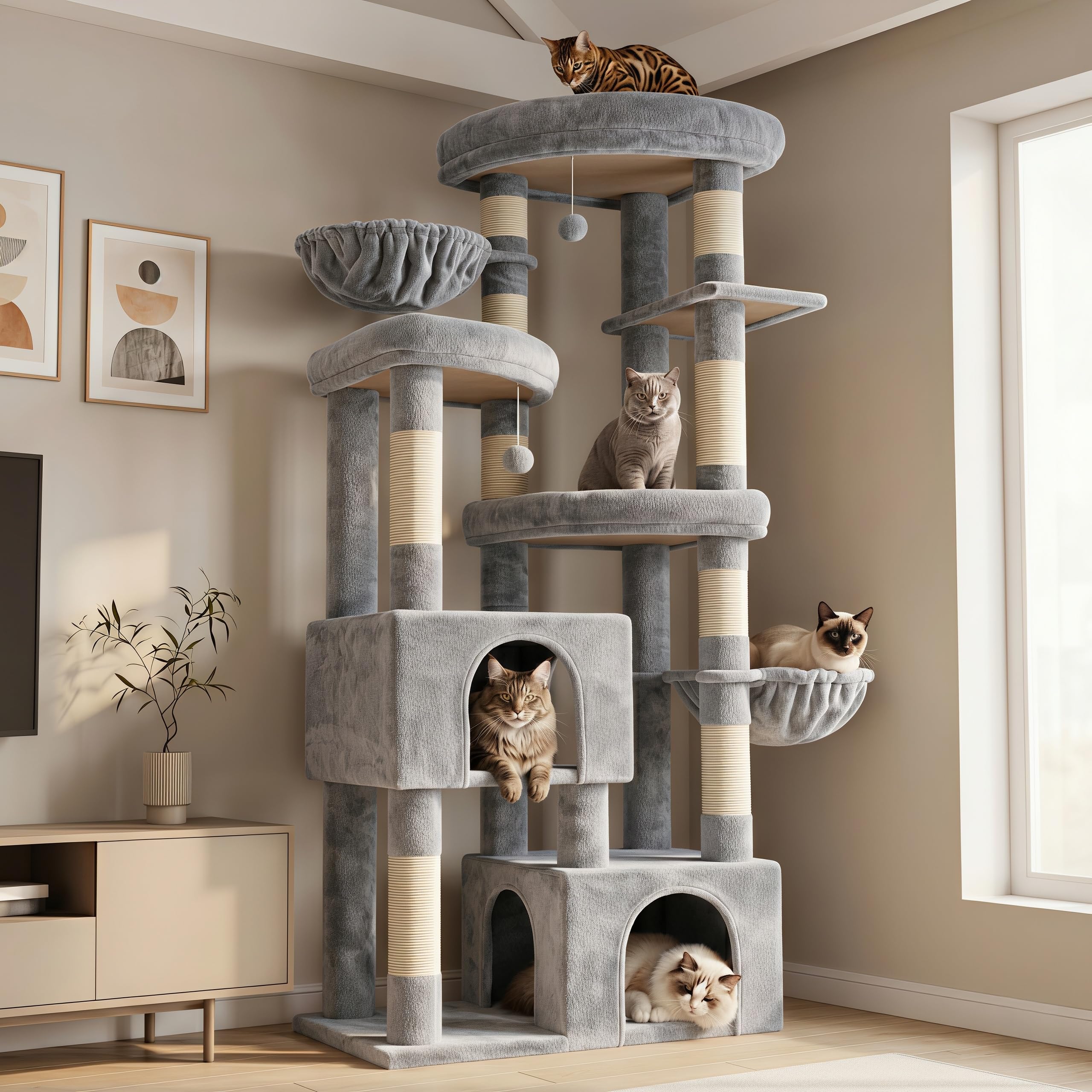 Hey‑brother Rascador para Gatos,con 3 Plataformas Grandes, 2 Cueva, MPJ084W | 171cm Árbol para Gatos Multi-Nivel, 2 Cestas Suaves, 2 Pelota de peluche, para Maine Coon de Interior, Gris Claro