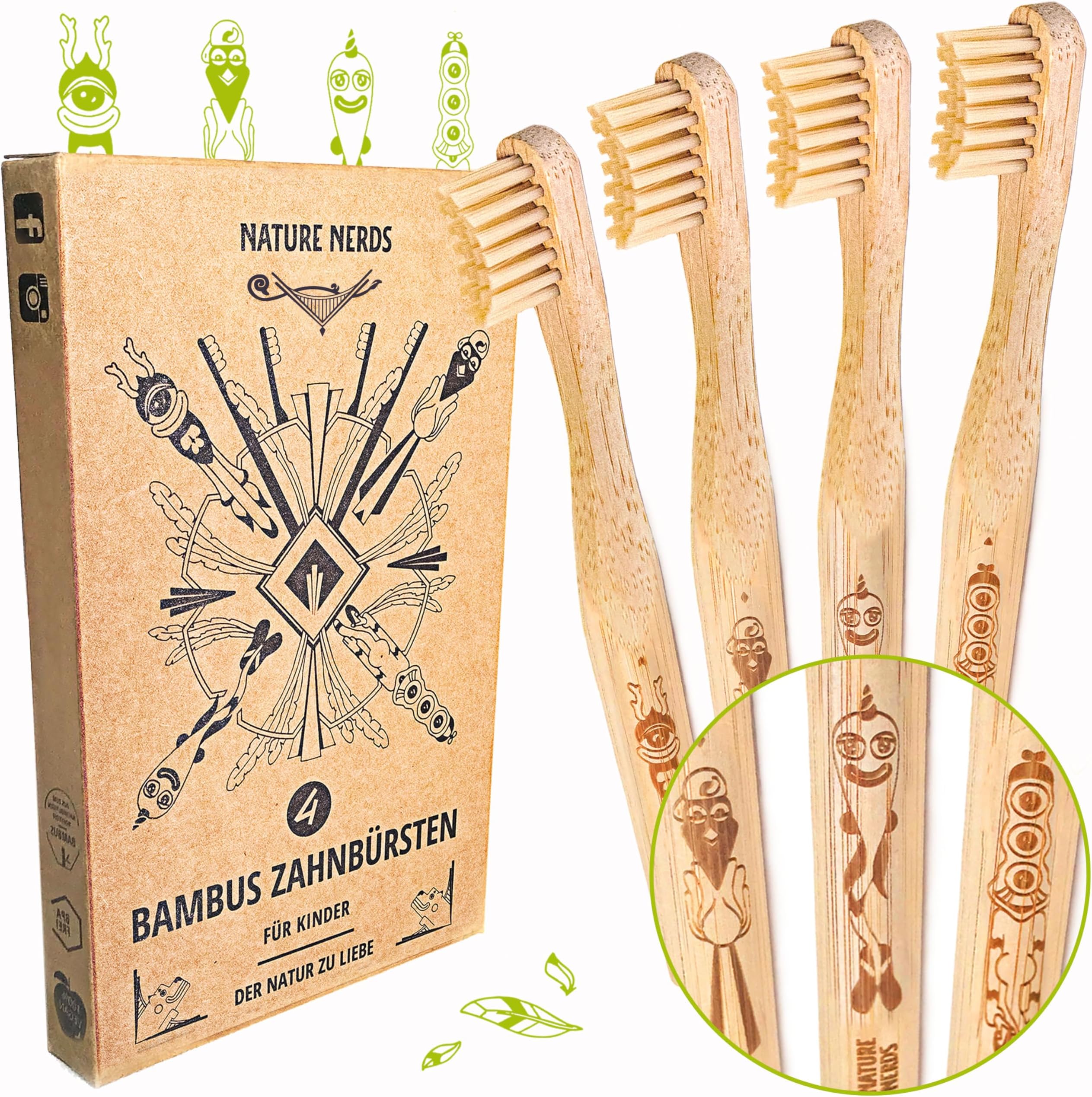 Nature Nerds bamboo tooth brush set (pack of 4), 100 % sustainably sourced bamboo handle and packaging is 100 % biodegradable, 100 % vegan, 100 % BPA-free, hardness: medium, sustainable manual toothbrushesMedium sustainable manual toothbrush.