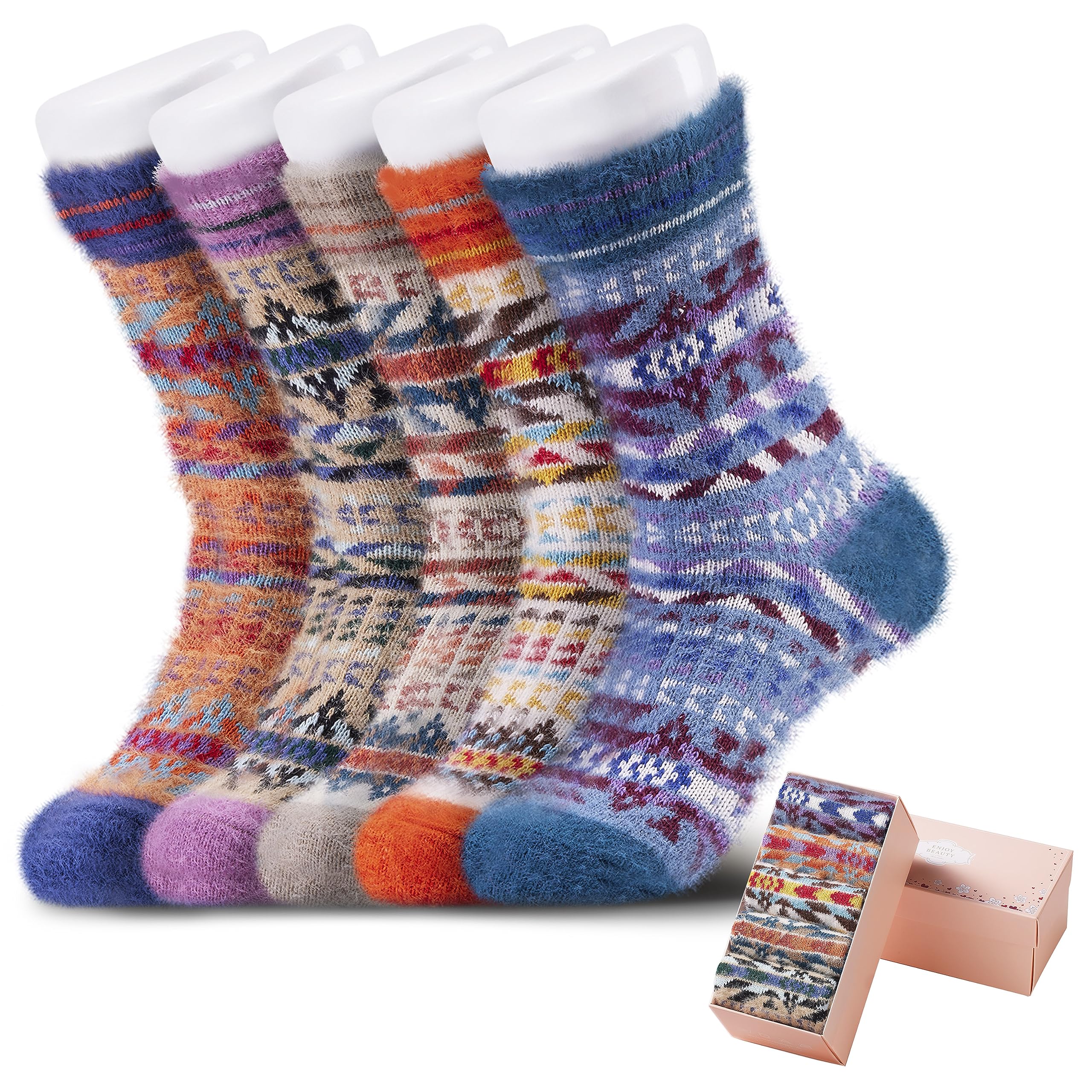 ICEIVY 5 Pair Fuzzy Cozy Socks for Women - Warm Comfy Soft Casual Home Sleep Winter Wool Socks - Gifts for Women