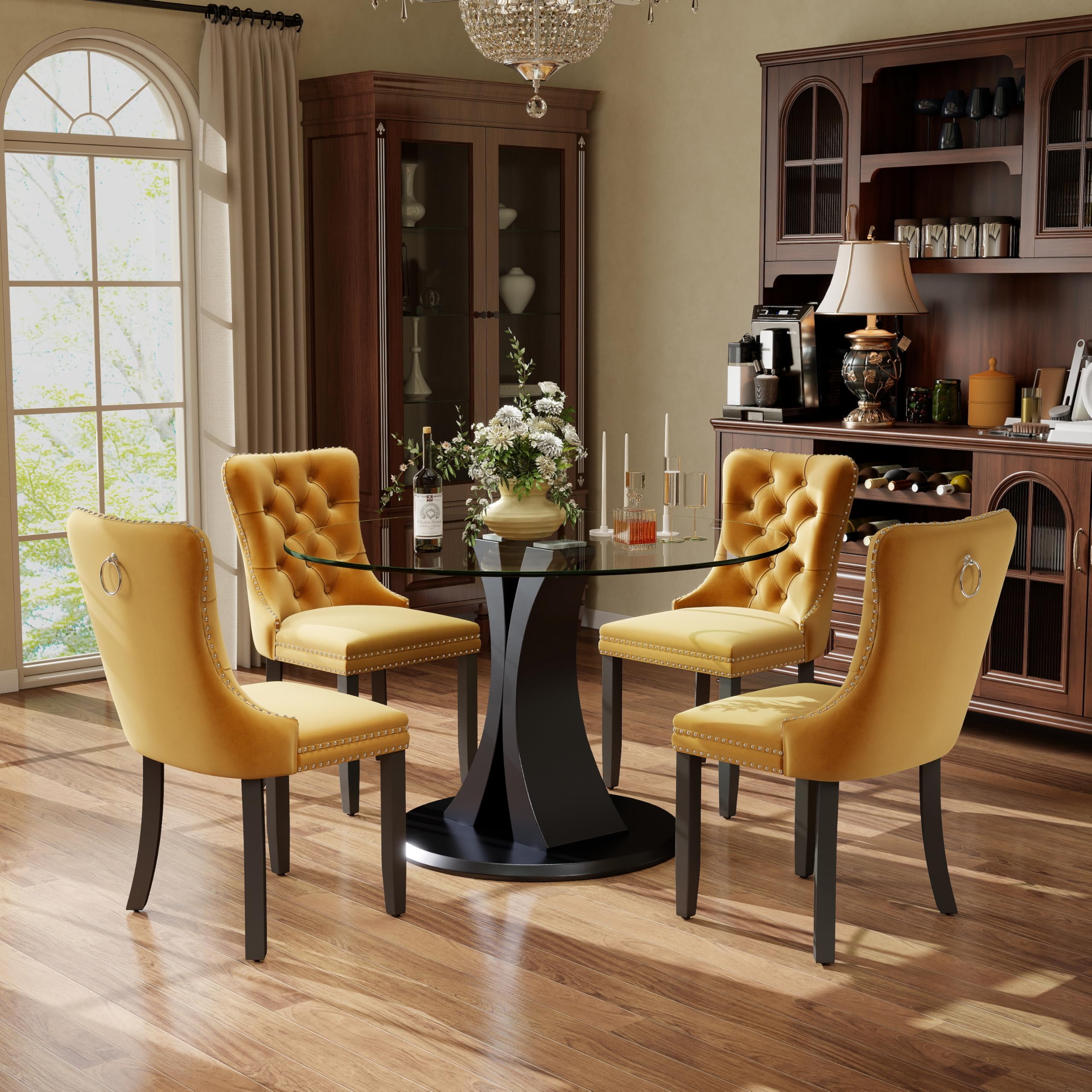 5-Piece Dining Table Set with 39In Tempered Glass Table and 4 Velvet Upholstered Chairs, Modern Scandinavian Furniture for Dining Room Kitchen(Yellow)