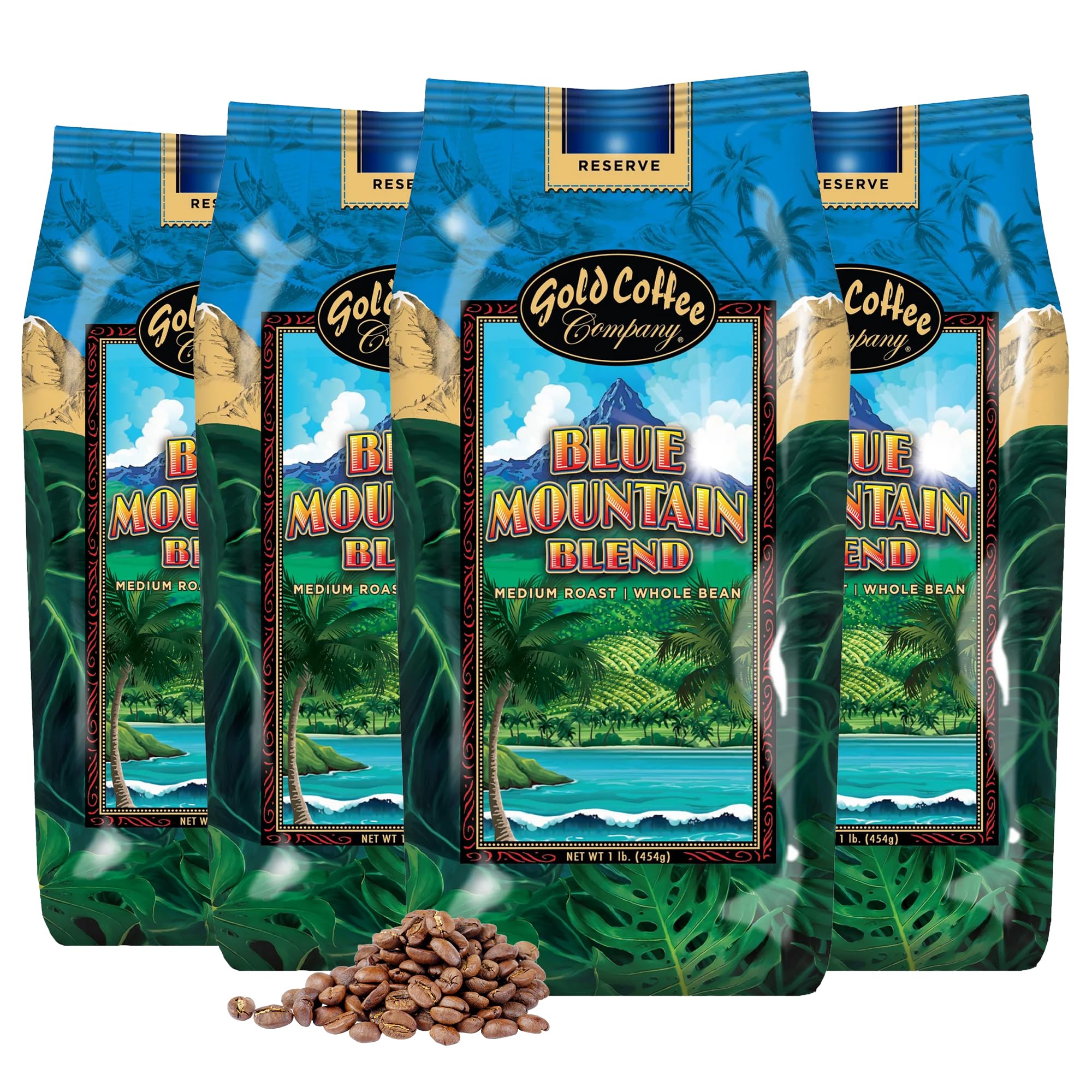 Gold Coffee | Blue Mountain Premium Blend | Medium Roast, Whole Bean | 100% Arabica Coffee | 1 lb. (Pack of 4)