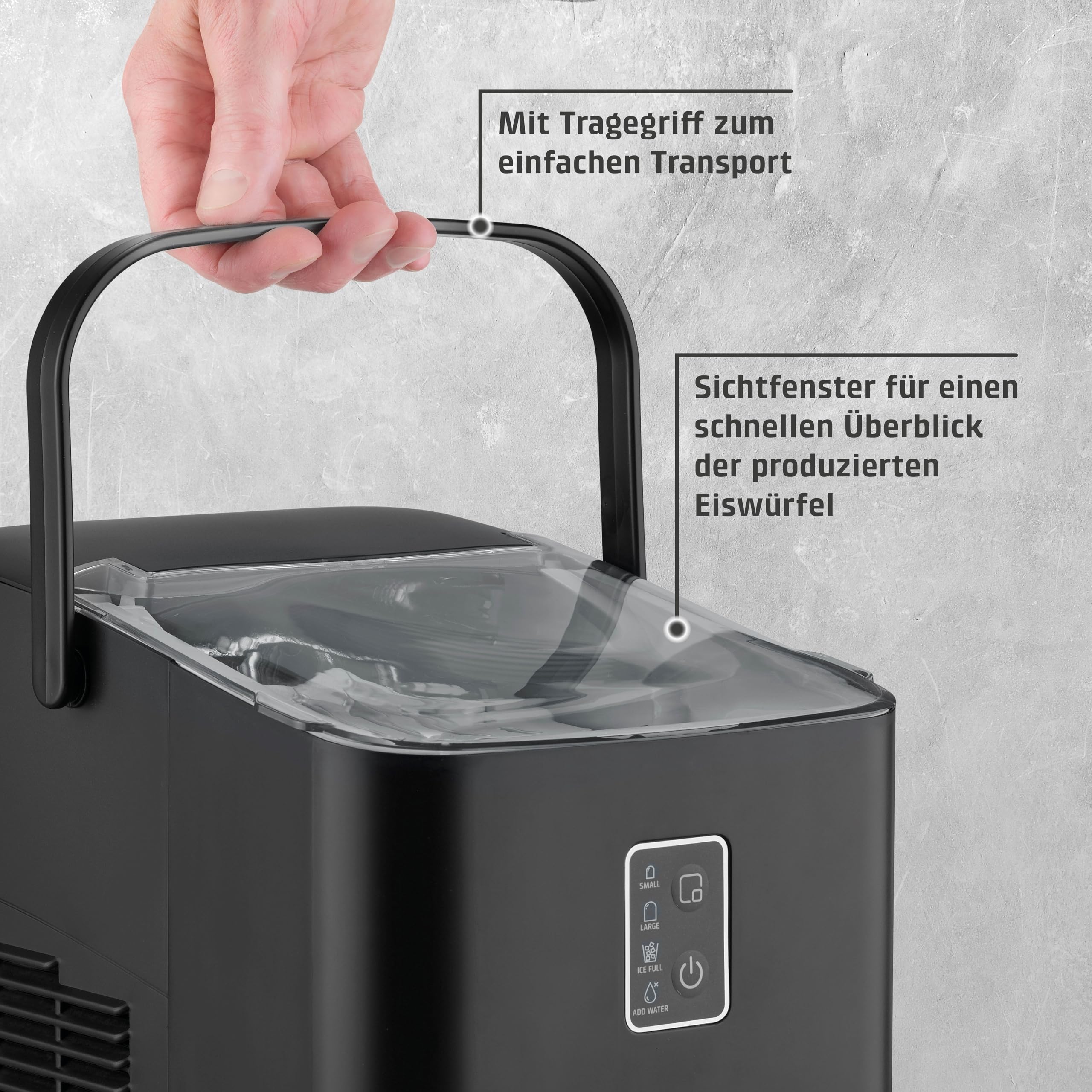 Caso IceChef Compact- Eiswürfelmaschine, schnelle Eiswürfel, Produziert 500g in 1h bzw. 12 kg in 24 h, 1 l Wassertank, Selbstreinigungsfunktion, Eiswürfelbereiter mit Tragegriff, inkl. Eisschaufel