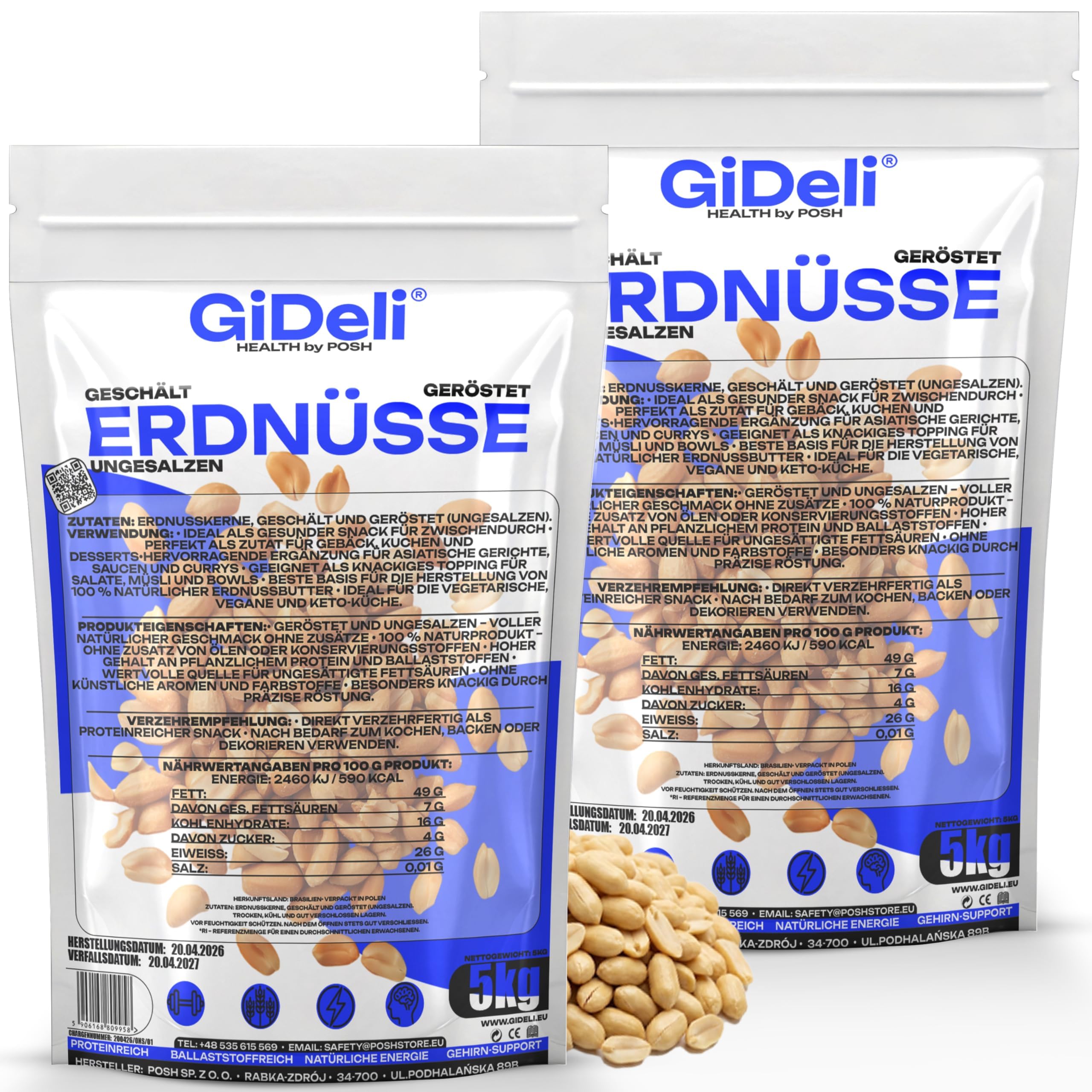 GiDeli Cacahuetes Tostados sin Sal 2 x 5 kg - Naturales, Pelados