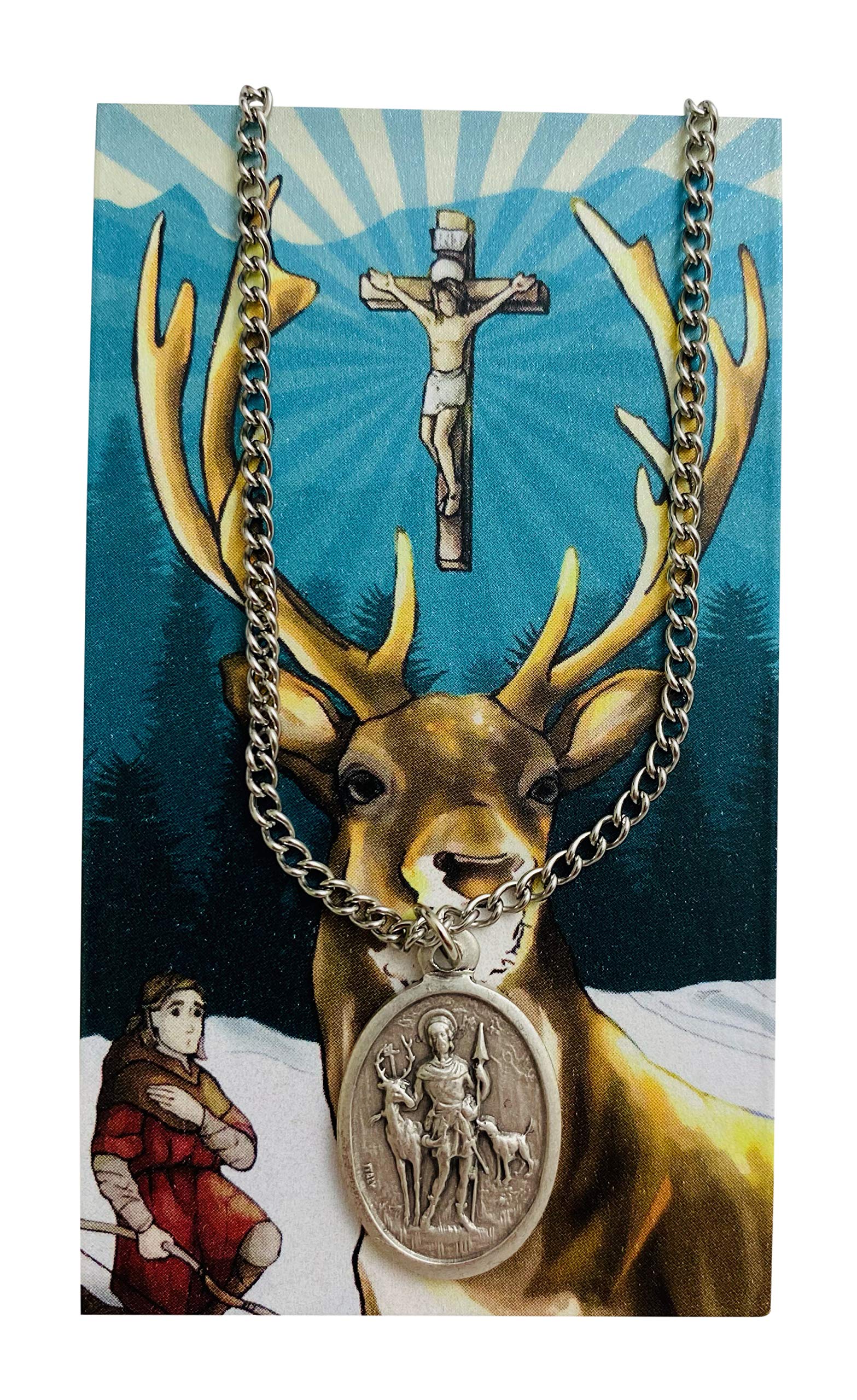 Westmon Works St Hubert Patron Saint of Hunters Set Medal with Stainless Steel Chain Holy Card Boxed