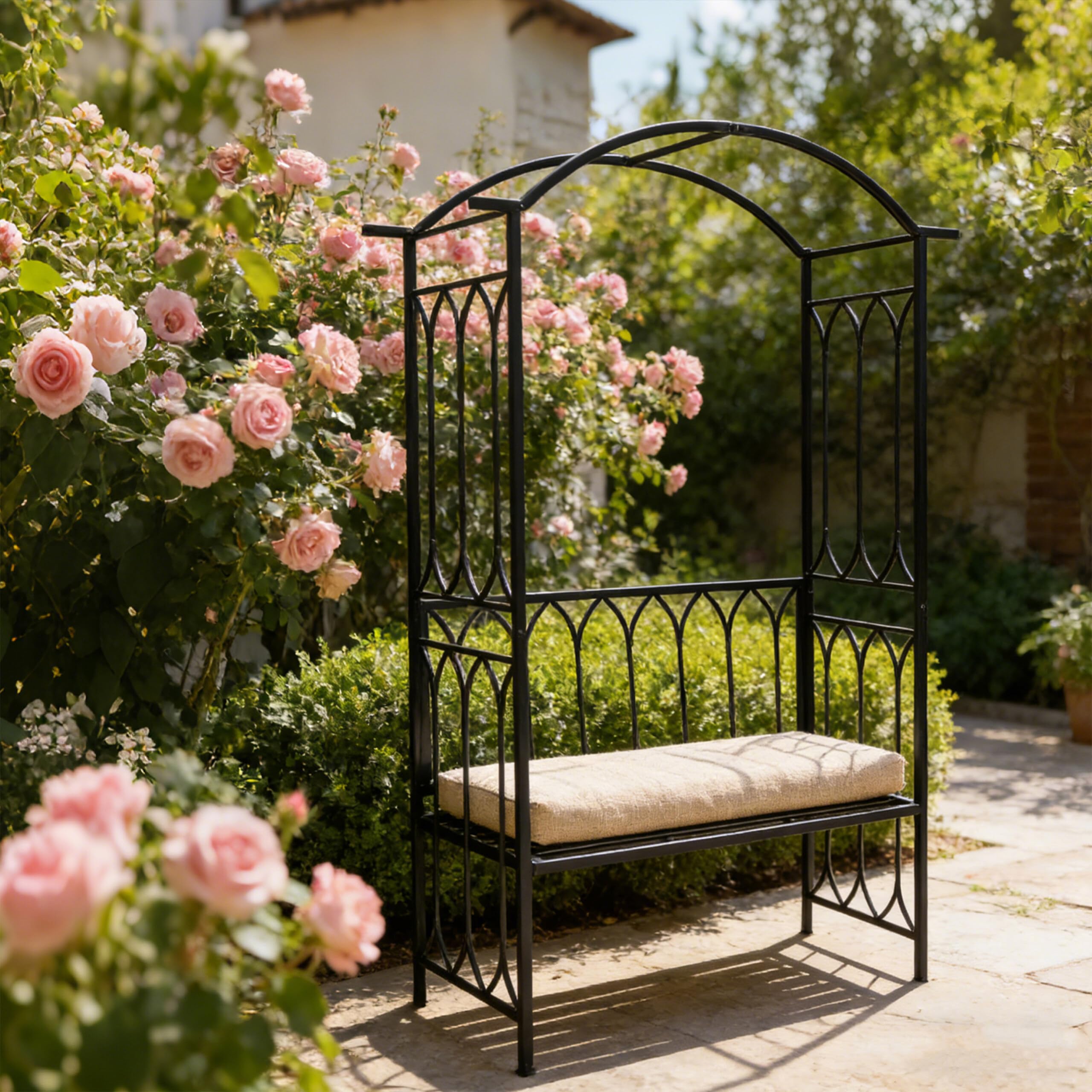 Relaxdays Arco de Rosas con Banco, Arco de jardín, Altura de 210 x 134 x 48 cm, Arco para Plantas trepadoras, Metal, Negro