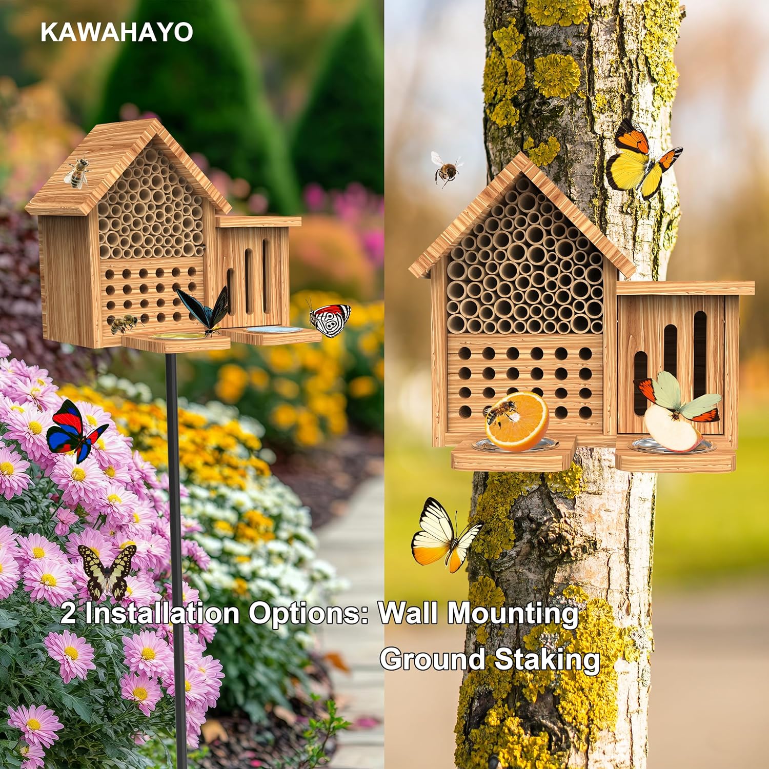 Mason Bee House Wooden Butterfly House with Feeders and Metal Stake, Insect Hotel for Garden Backyard, Natural Handmade Waterproof Bugs House, Attracts Bee, Butterfly, Ladybirds Pollinators