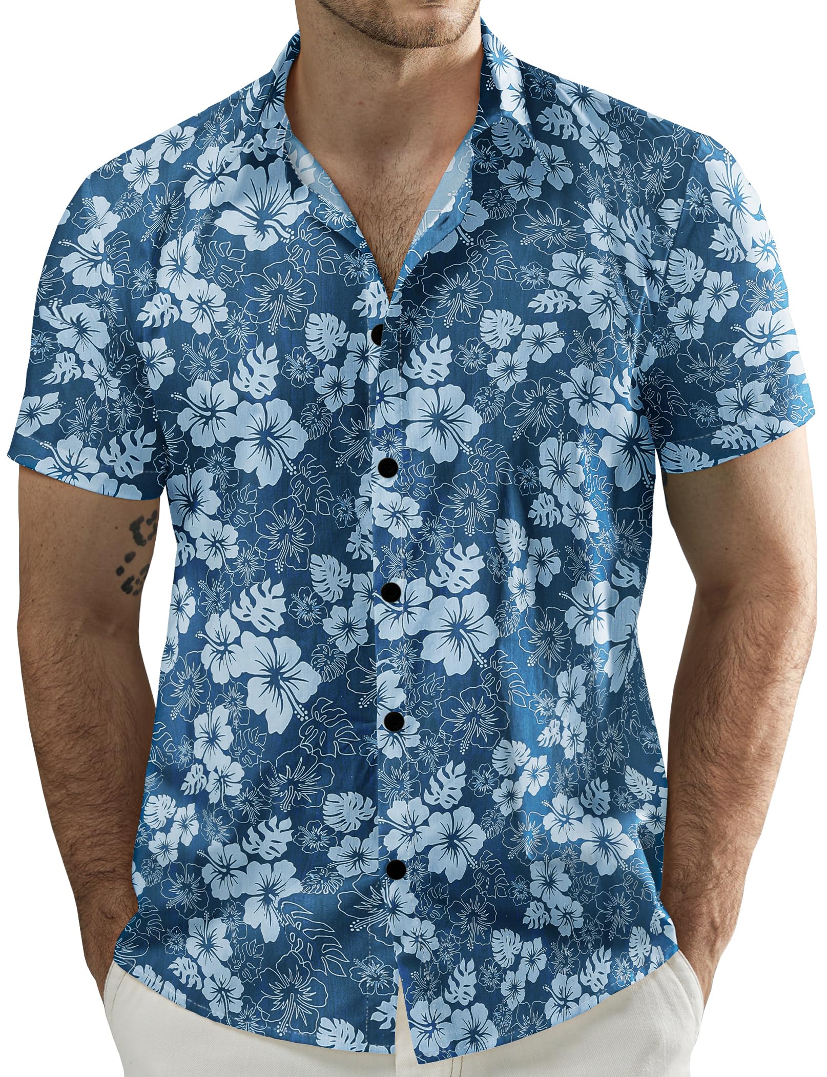 JOGAL Men's Flower Cotton Button Down Short Sleeve Hawaiian Shirt