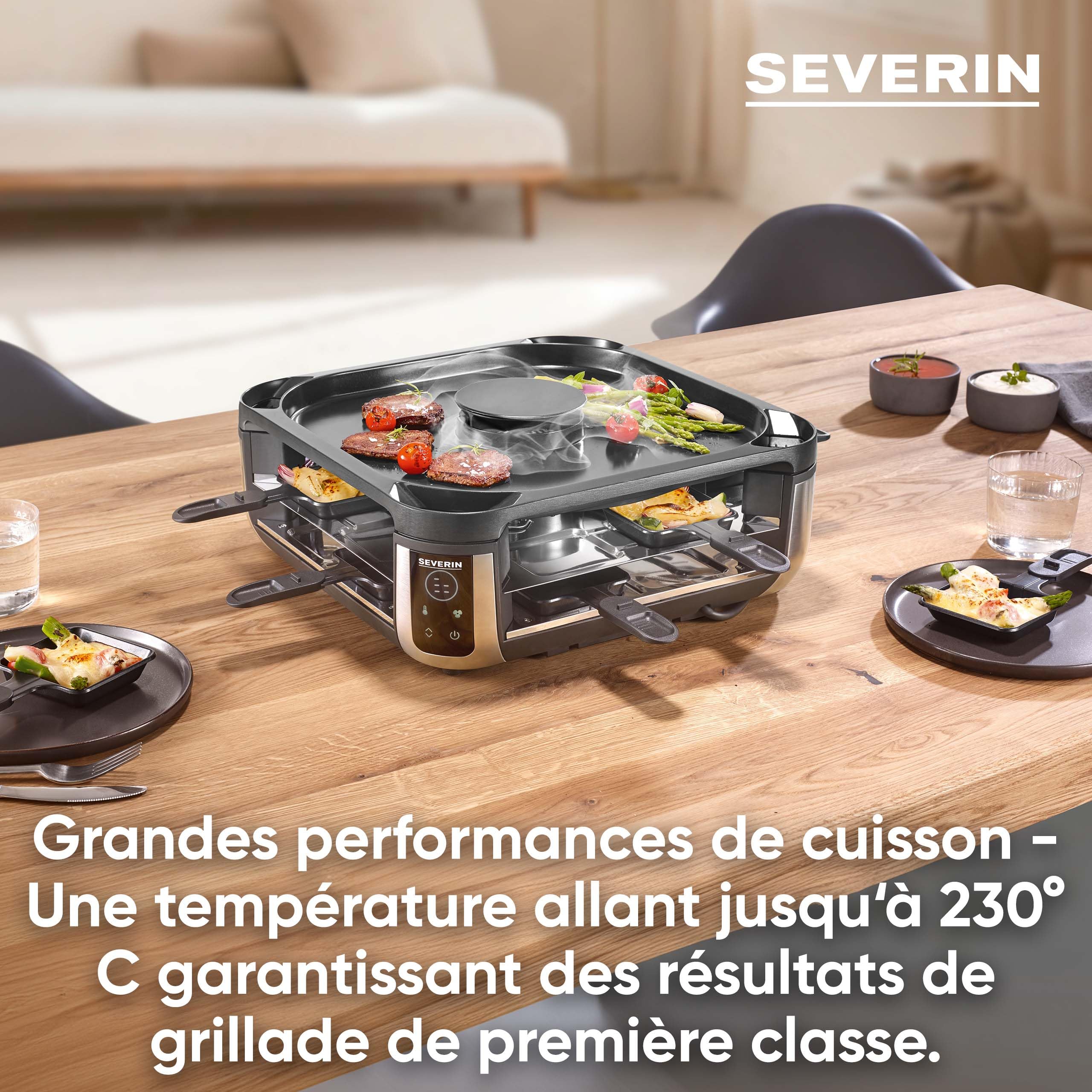SEVERIN Appareil à raclette 8 personnes avec réduction de fumée et d'odeur, Raclette-Gril avec hotte intégrée, 1 900 W, Noir/Inox, RG 2350