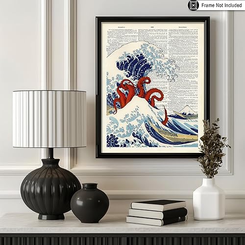 Miniatura 3 de Poster Master Póster artístico de diccionario, tentáculos y gran ola de Kanagawa, arte de pulpo, arte de mar profundo, regalo náutico para hombres,