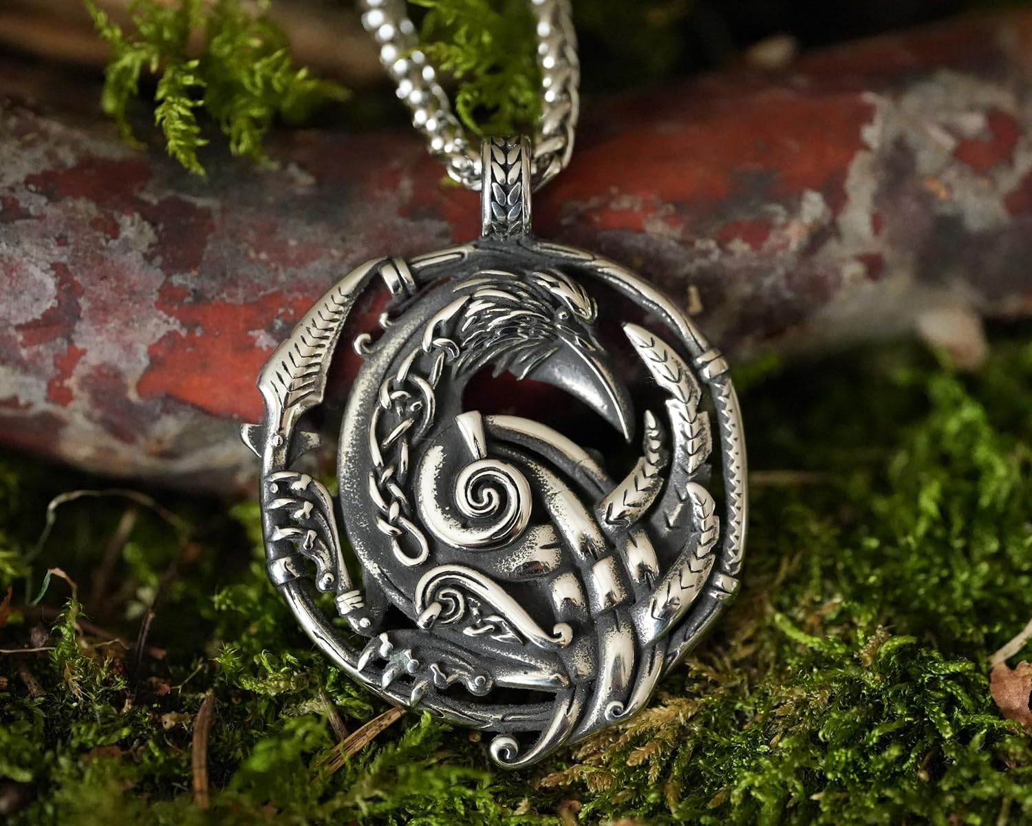 Baldur Jewelry - Viking Celtic Huginn Muninn Raven Morrigan Necklace - Allfather Odin Bird Pendant - Celtic Necklace For Men and Women - Crow Charm With 22 Inch Long Chain (Raven Spiral Stainless) - Image 4