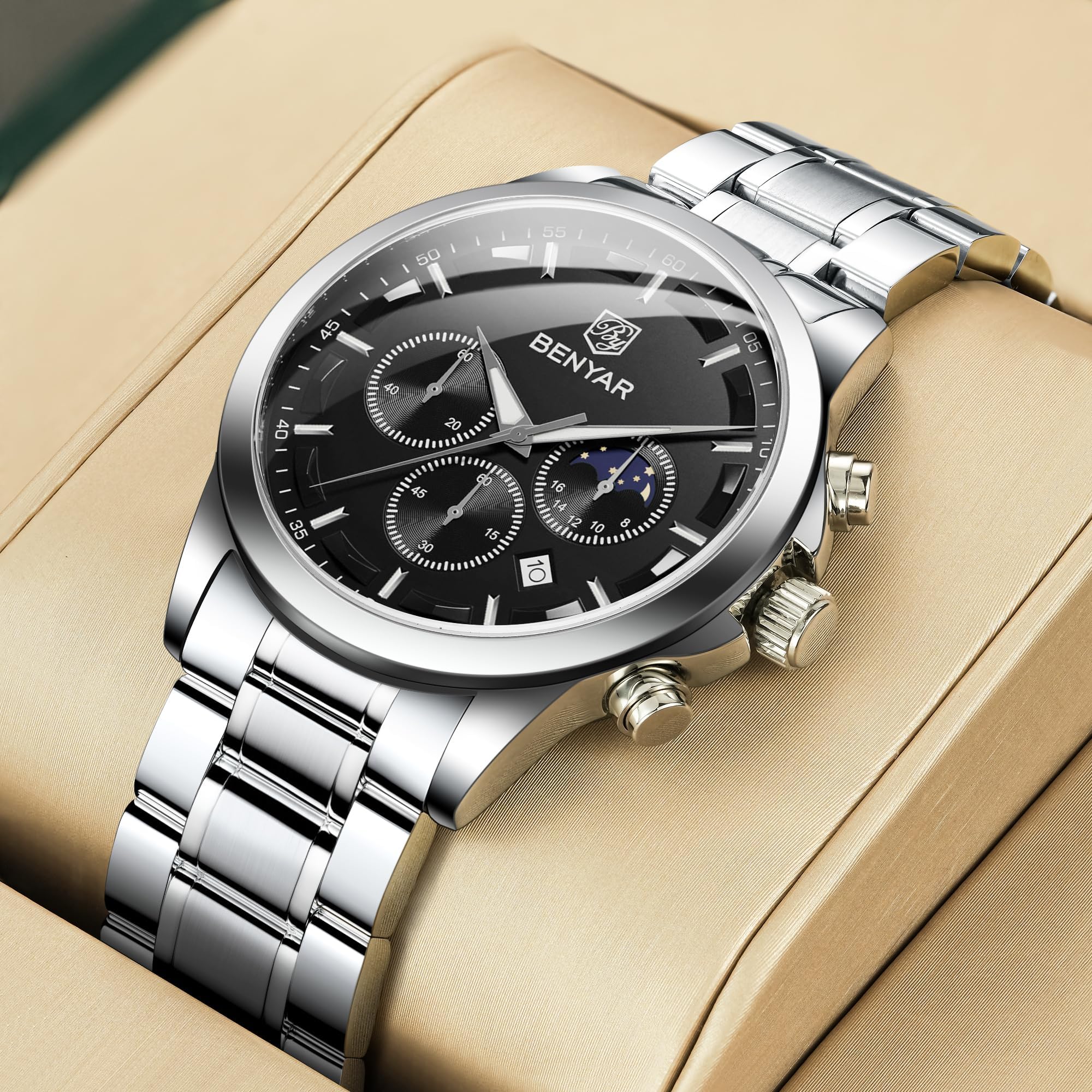 BENYAR by Relojes Hombre Analógico Cuarzo Cronografo Impermeable Luminoso Fecha Moda Casual Reloj de Pulsera Elegante Regalo para Hombre