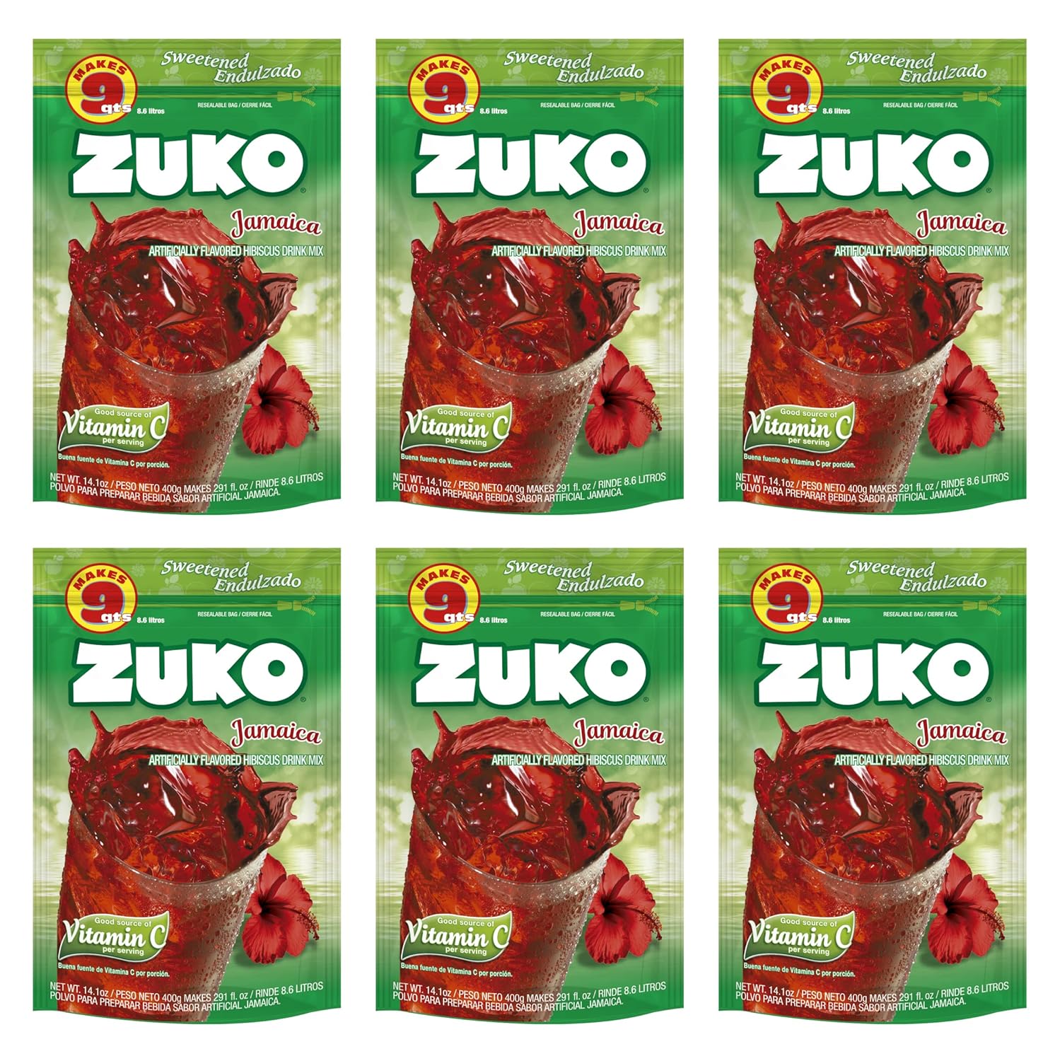 Zuko Jamaica Instant Powder Drink | Family Pack | No Sugar Needed | Vitamin C | 14.1 Ounce (Pack of 6)