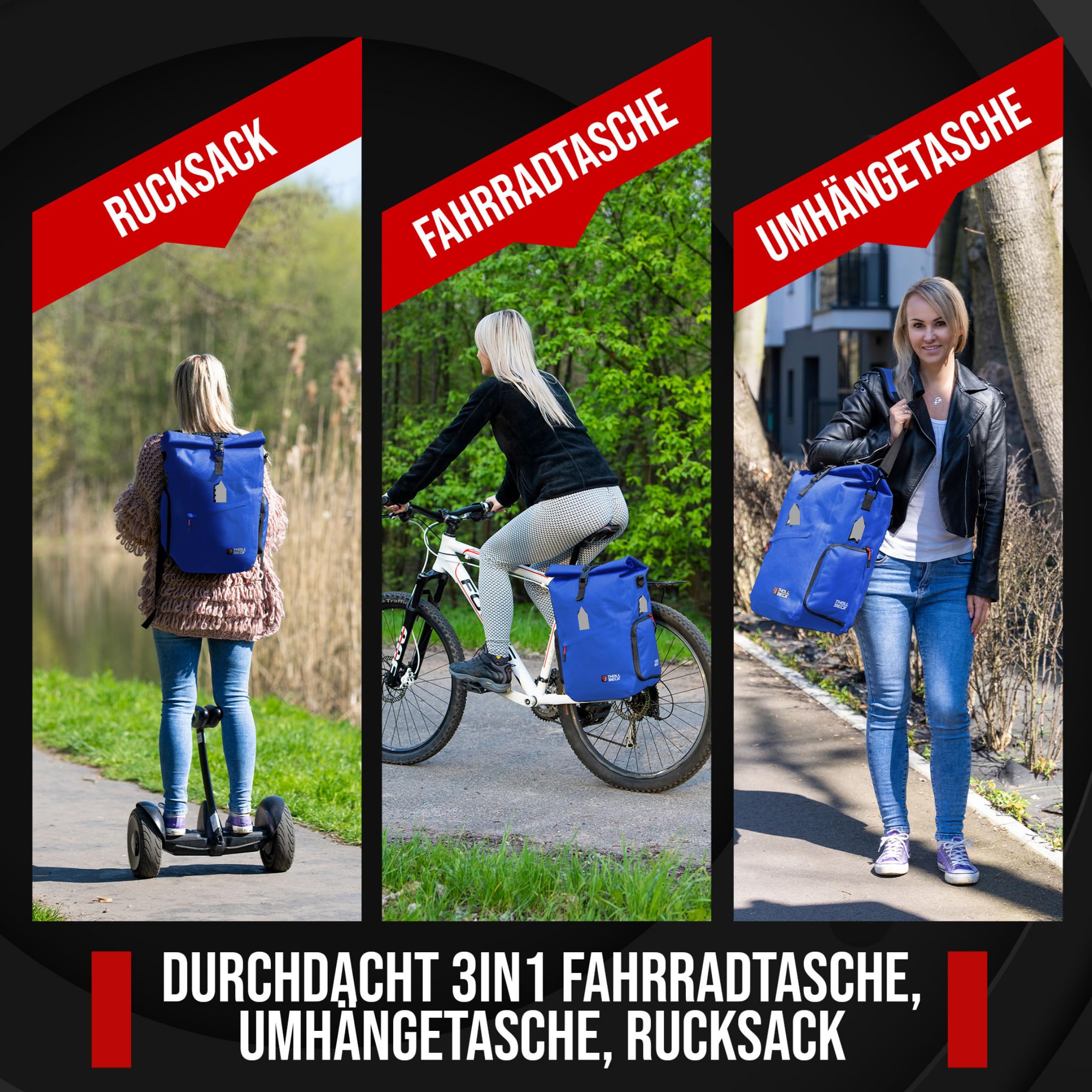 THOLLBECK IMPULS 3 in 1 Fahrradtasche & Fahrradrucksack mit MAGNETVERSCHLUSS (23-27l) - wasserdicht für Gepäckträger bei Fahrrad & E Bike -Mountainbike Rucksack Herren & Damen mit Laptopfach