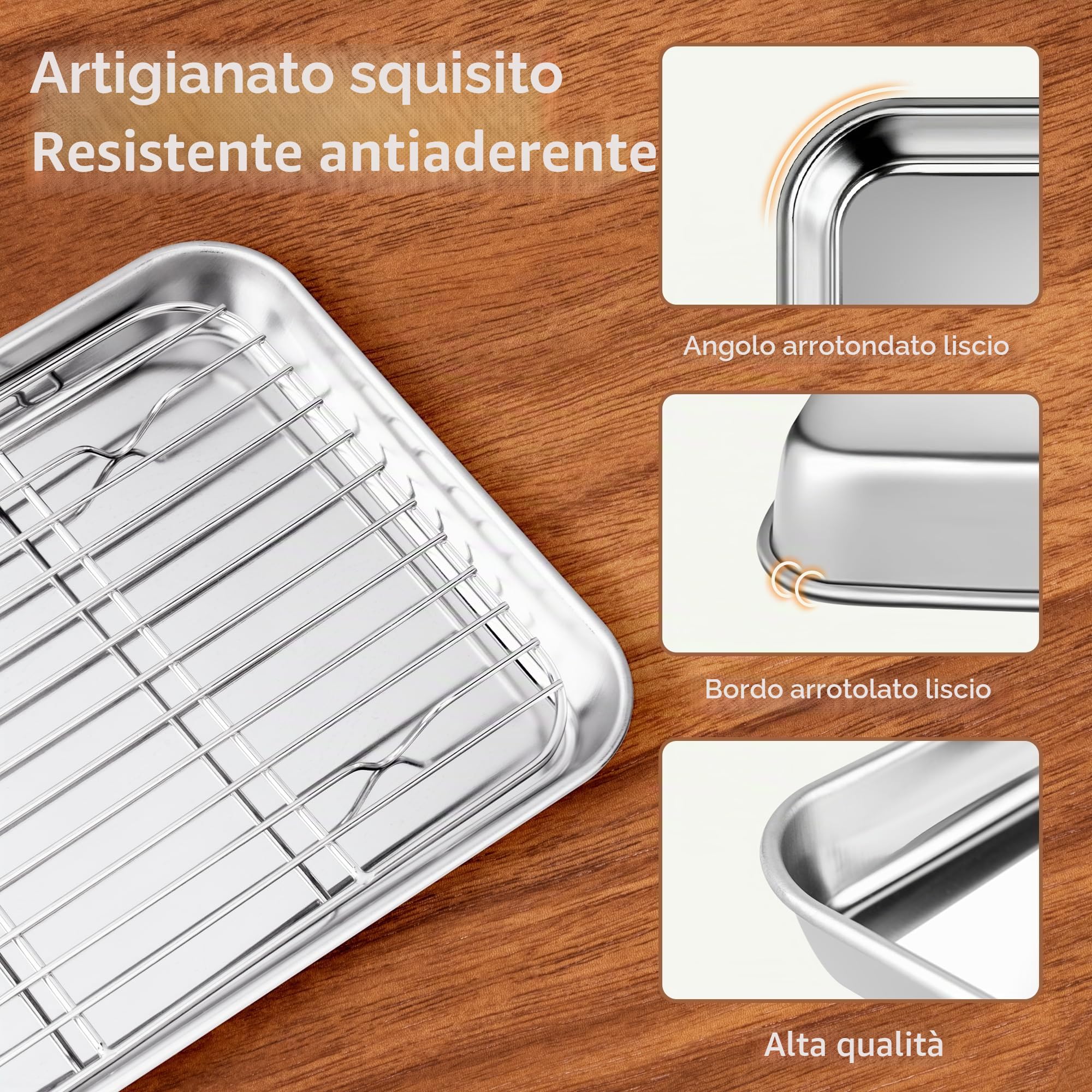 Fire More Teglie da Forno con Griglia di Raffreddamento in Acciaio Inox,Set di 4[2 Teglia Forno+2 Grigliaper Cuocere e Servire], Atossica e Sana, Facile da Pulire e Lavabile in Lavastoviglie