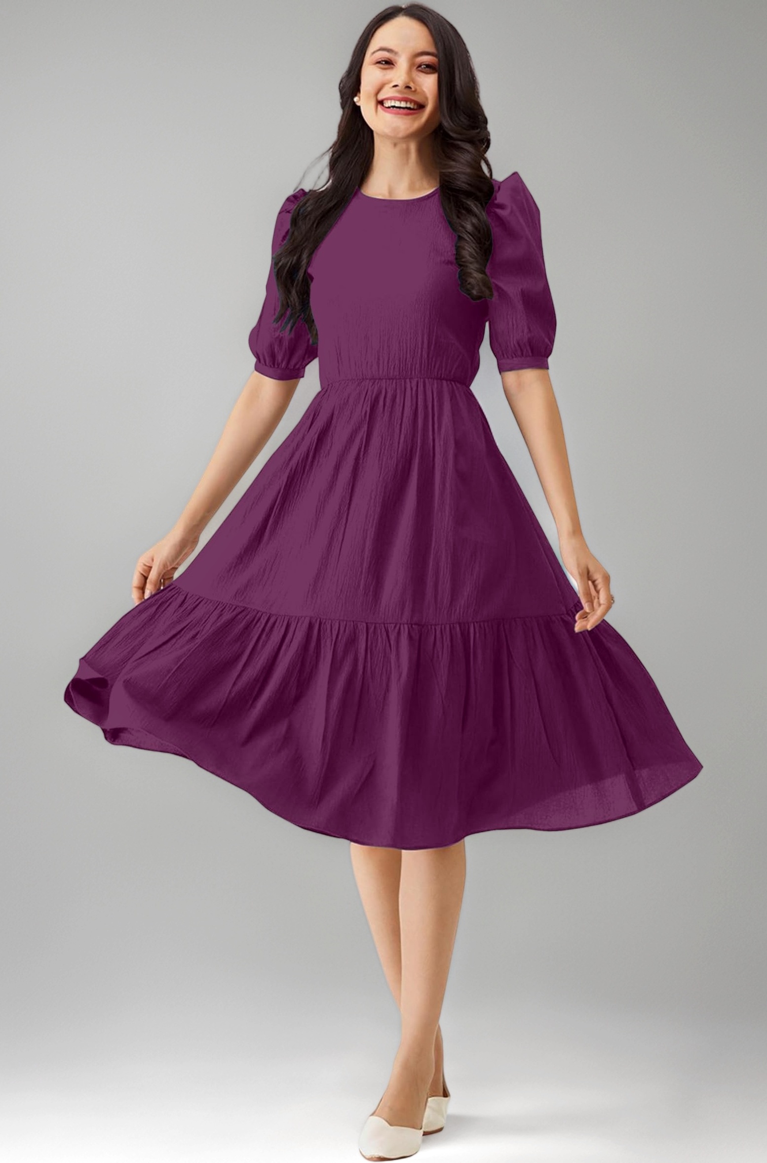 TRENDMALLS Dress for Women Cotton Blend Round Neck Half Puff Sleeve Flared Pleated Midi Western Dress