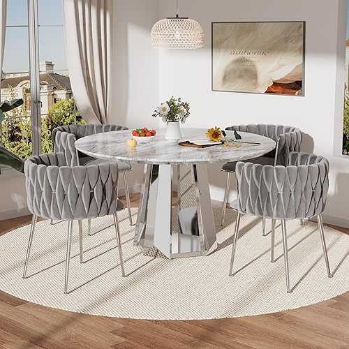 Miniatura 34 de Moderno juego de mesa redonda de comedor para 4, juego de mesa de comedor de mármol blanco de 5 piezas, mesa de comedor dorada de lujo y 4 sillas