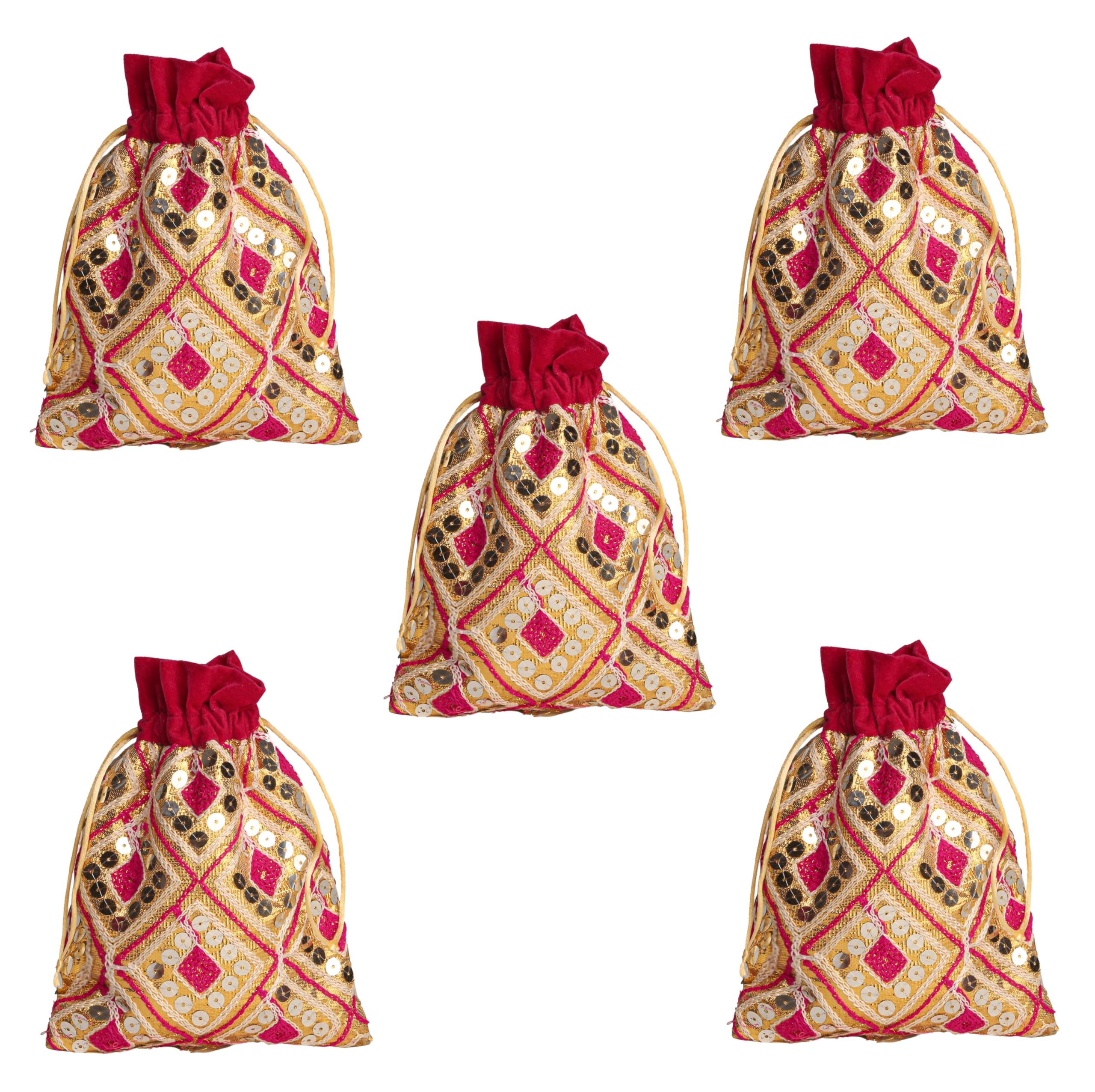 DLC set of 5 Shimmer & Velvet Potli Bags with Heavy Work for Wedding Return Gifts, FANCY pouch potli, Bridal Handbag for Women-image-25