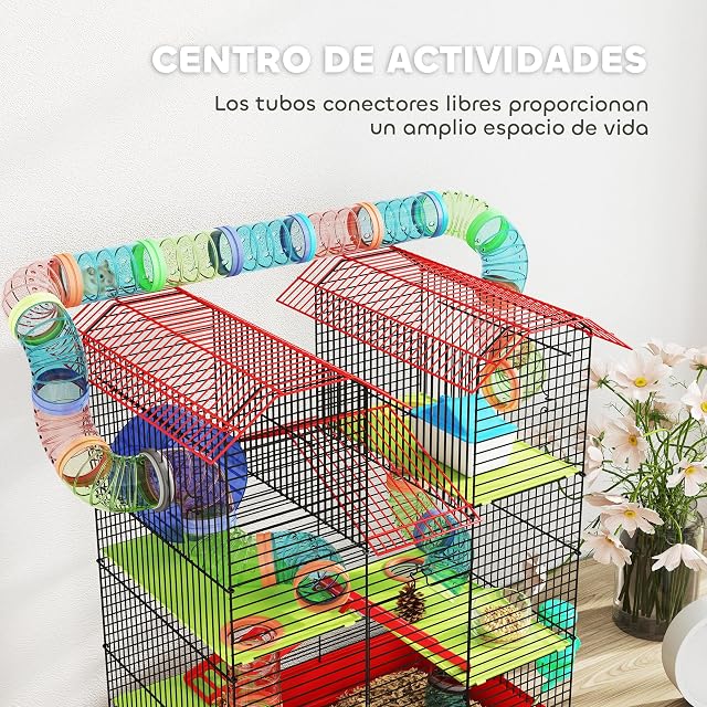 Foto 6 de 8 de PawHut Jaula para Hámster de 5 Niveles con Túnel 47x30x59 cm Rojo