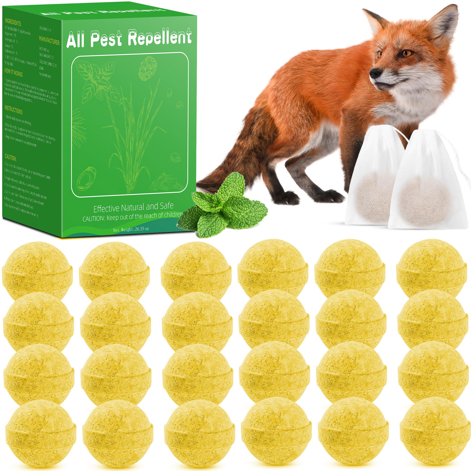 24 Pack Fox Repellent for Indoor Outdoor, Peppermint Oil Foxs Deterrent wiht Long Lasting Protection, Natural Fox Deterrent Balls Protect Your Entire Garden and Outdoor Areas