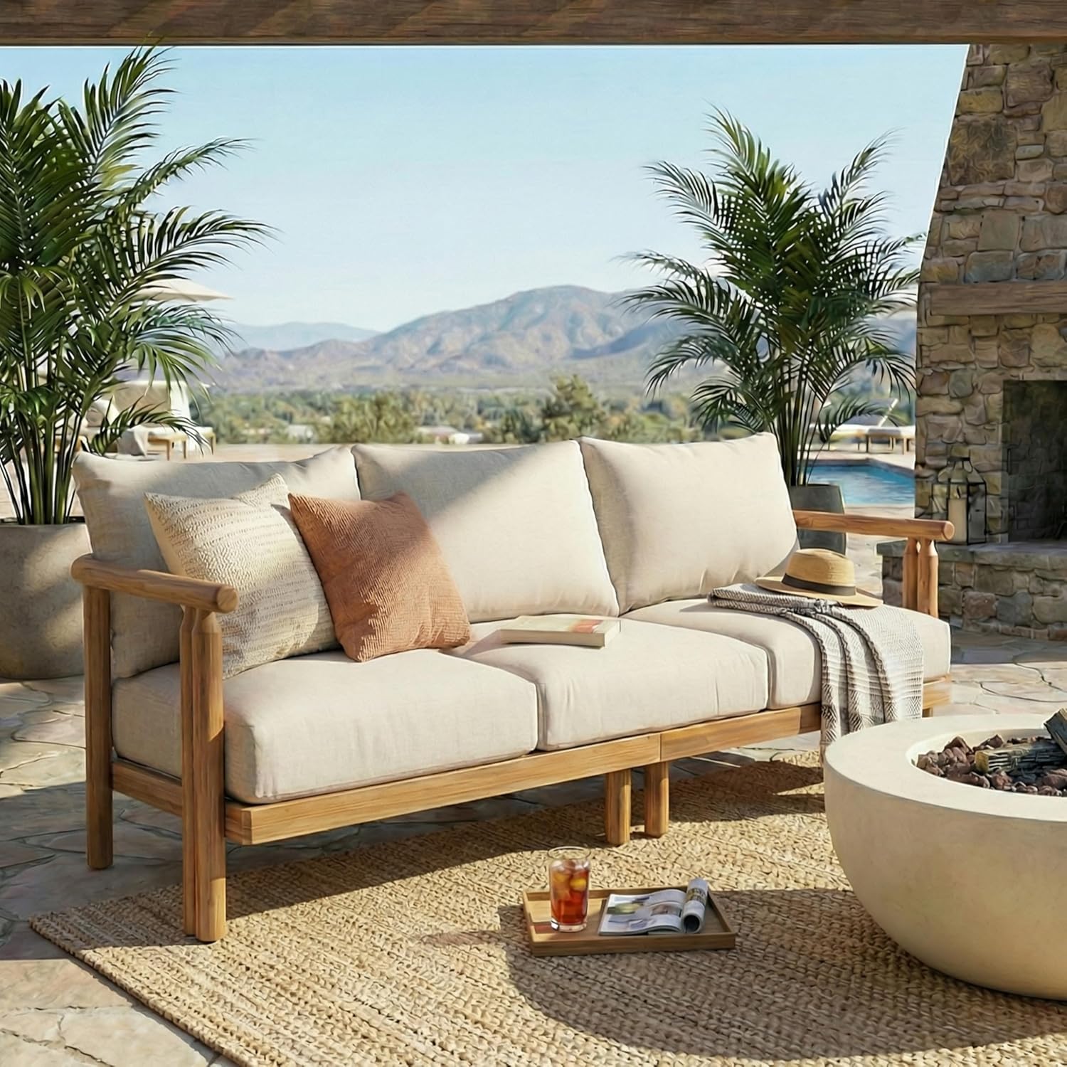 GDFStudio Acacia Wood 3-Seater Sofa Outdoor, 74'' Patio Acacia Wood Sofa Chair, Curved Wooden Lounge Seating for Backyard Garden, Outdoor Entertaining Furniture, Light Teak+Beige
