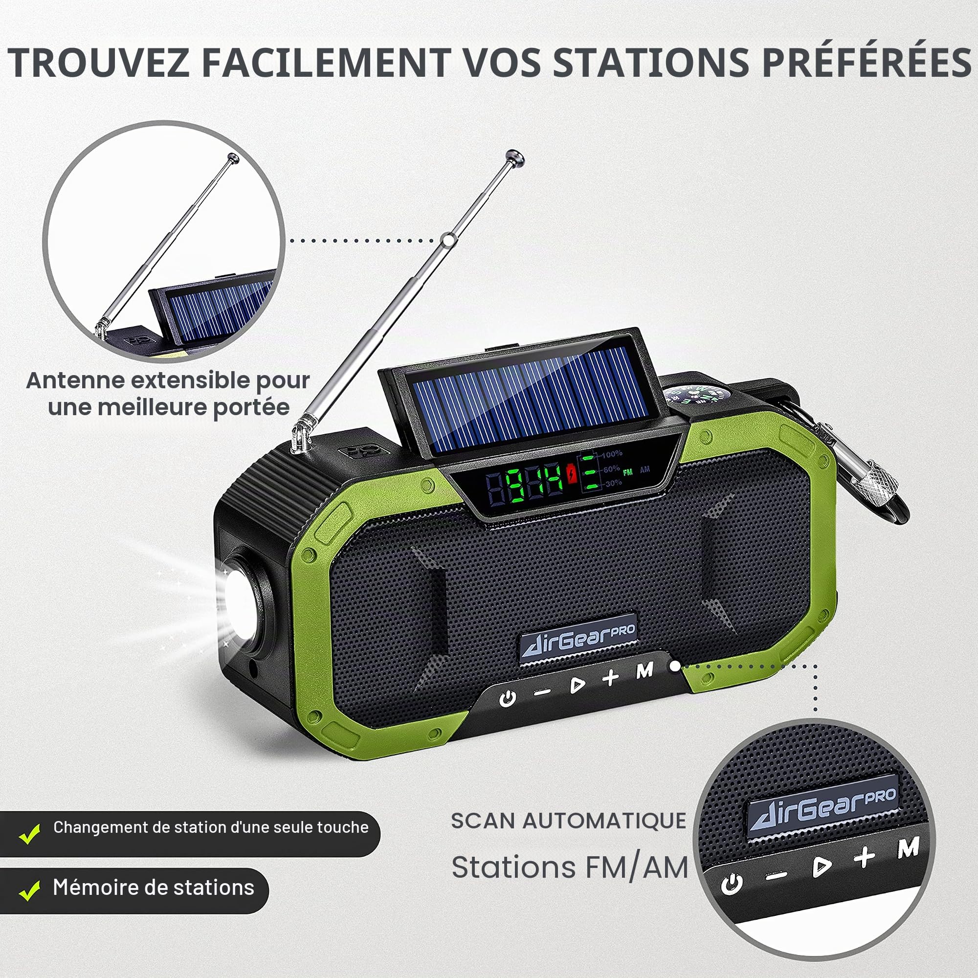 AirGearPro Radio Dynamo Portable de Survie avec Batterie 5000mAh - Chargeur USB pour Smartphone - Lampe Torche, FM/AM - Radio Solaire à Manivelle…