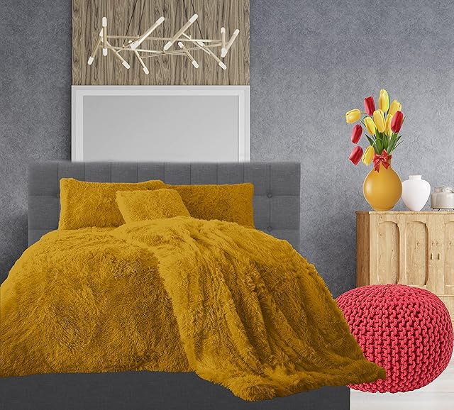 Comfort Collections Teddy Hug & Snug Cuddles Fleece Duvet Quilt Cover Bedding Set With Matching Pillowcase Warm and Cosy Ochre Bedding Set Superking 260cm x 220cm Approximately.