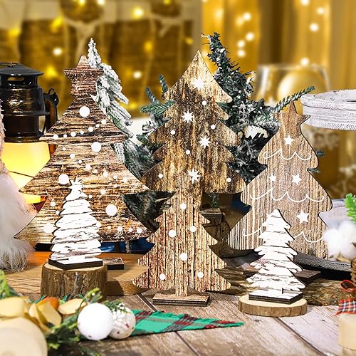 Miniatura 4 de 6 piezas de decoración de mesa de árbol de Navidad de madera, 6 tamaños independientes de madera para árbol de Navidad, decoración rústica de árbol