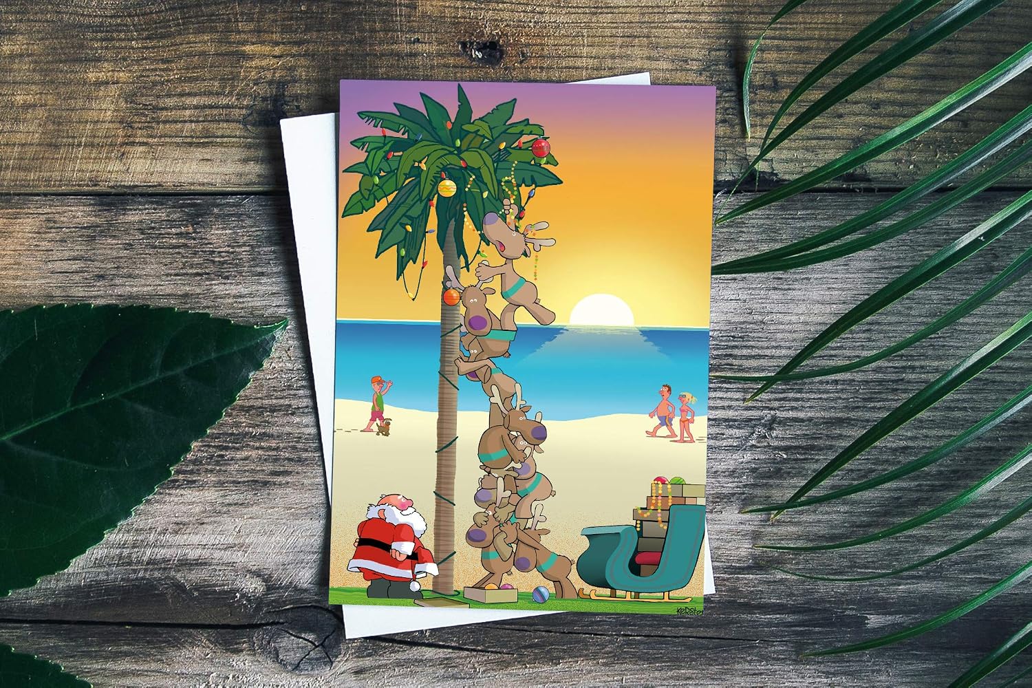 Stonehouse Collection Custom Palm Tree Ocean Sunset Card - Santa Decorates Palm Tree - 24 Boxed Christmas Cards and Envelopes (Personalized)