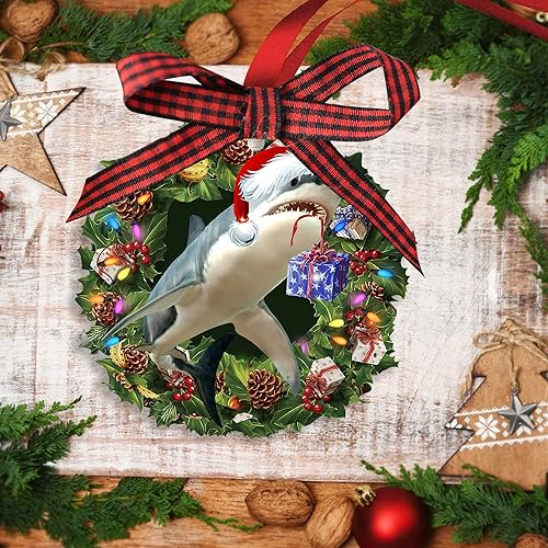 Miniatura 4 de Talataca Tiburón que lleva un sombrero de Navidad, corona de los animales del océano, amante de los animales del océano 2D, adorno plano de madera,