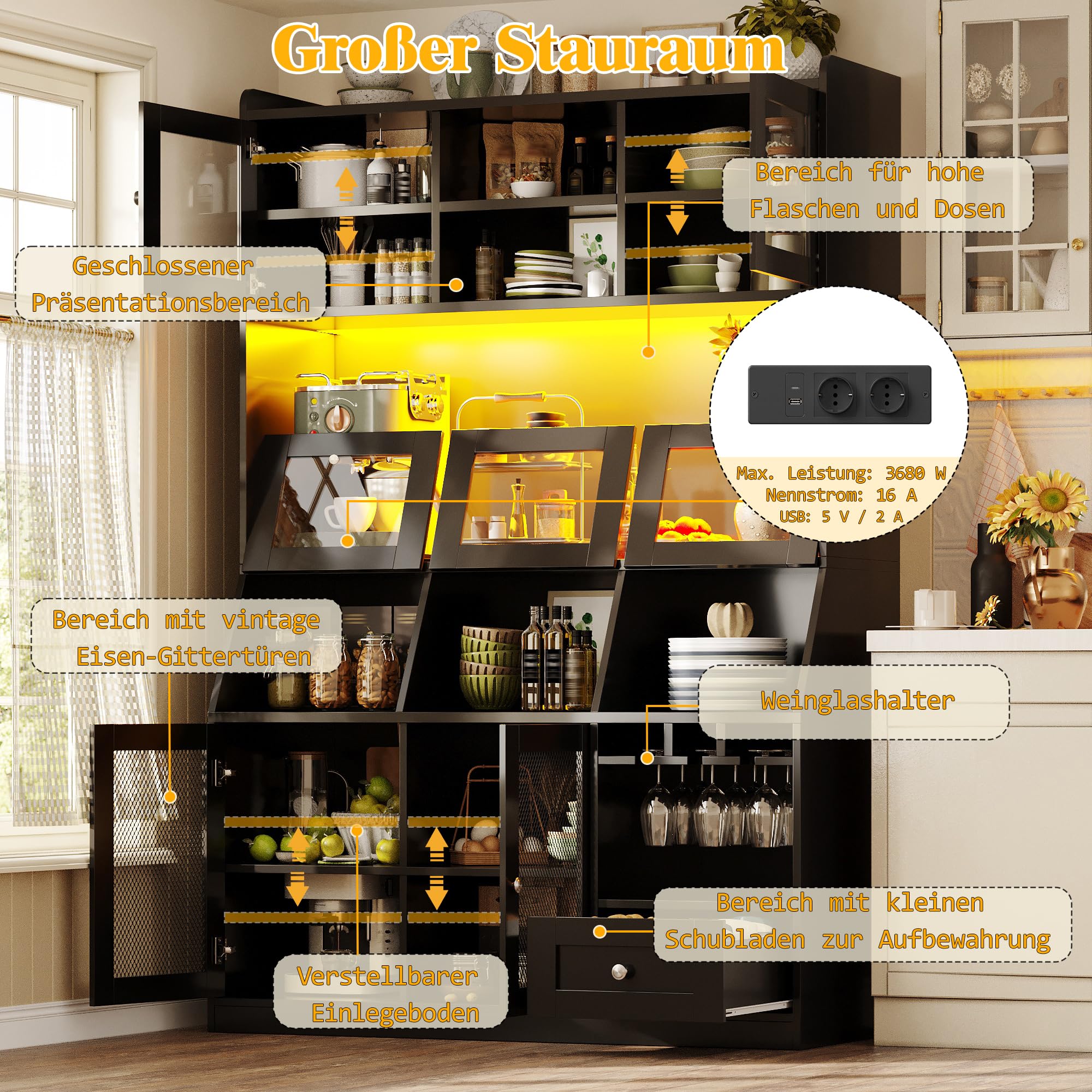 Armario de cocina con amplia encimera, armario buffet con iluminación LED, puerto USB, armario alto de cocina con puertas de cristal, espacio de almacenamiento, armario alto para comedor, sala