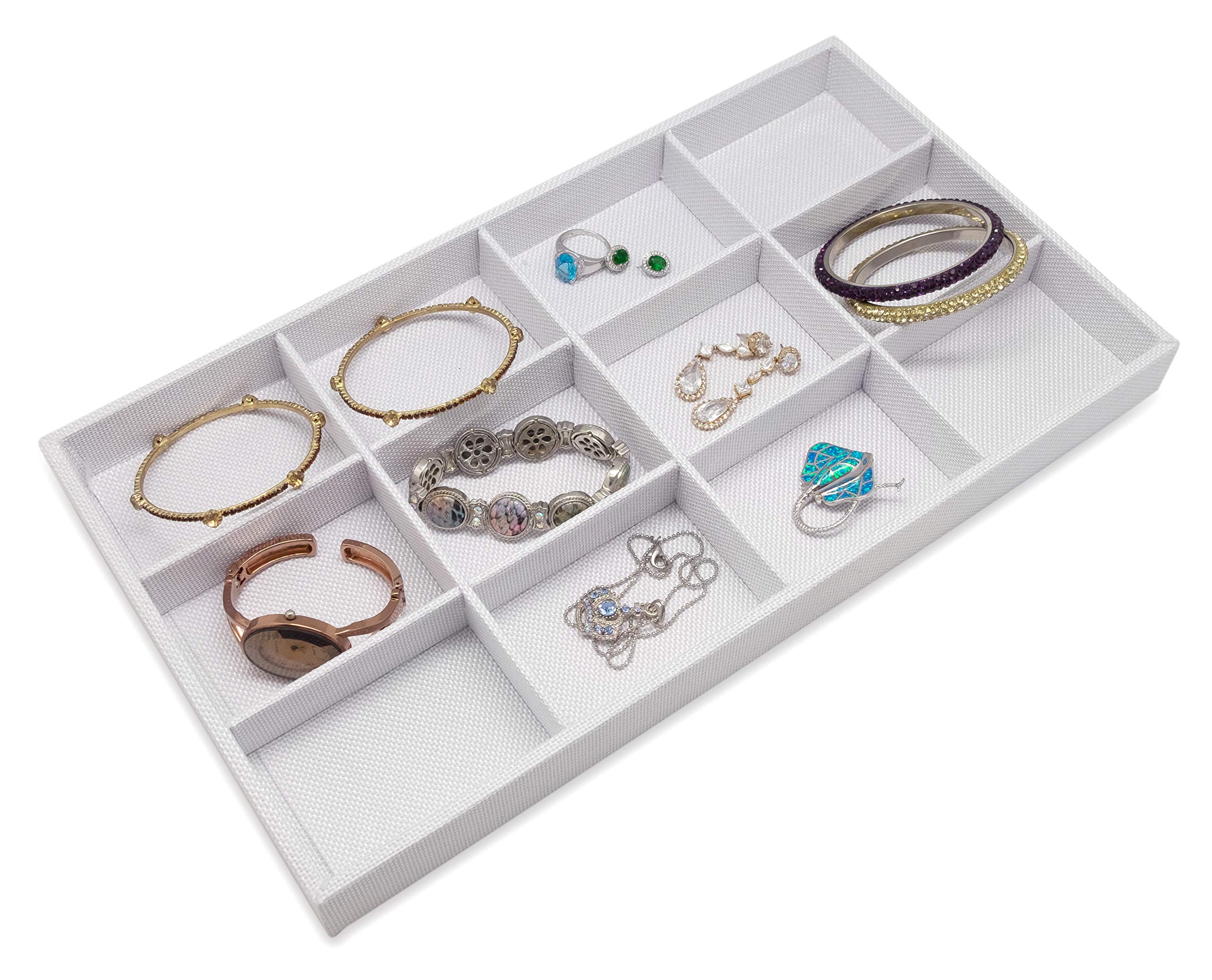 TheDisplayGuys 12-Compartments Jewelry Organizer Stackable Tray for Drawers or Show Display (White Linen Burlap)