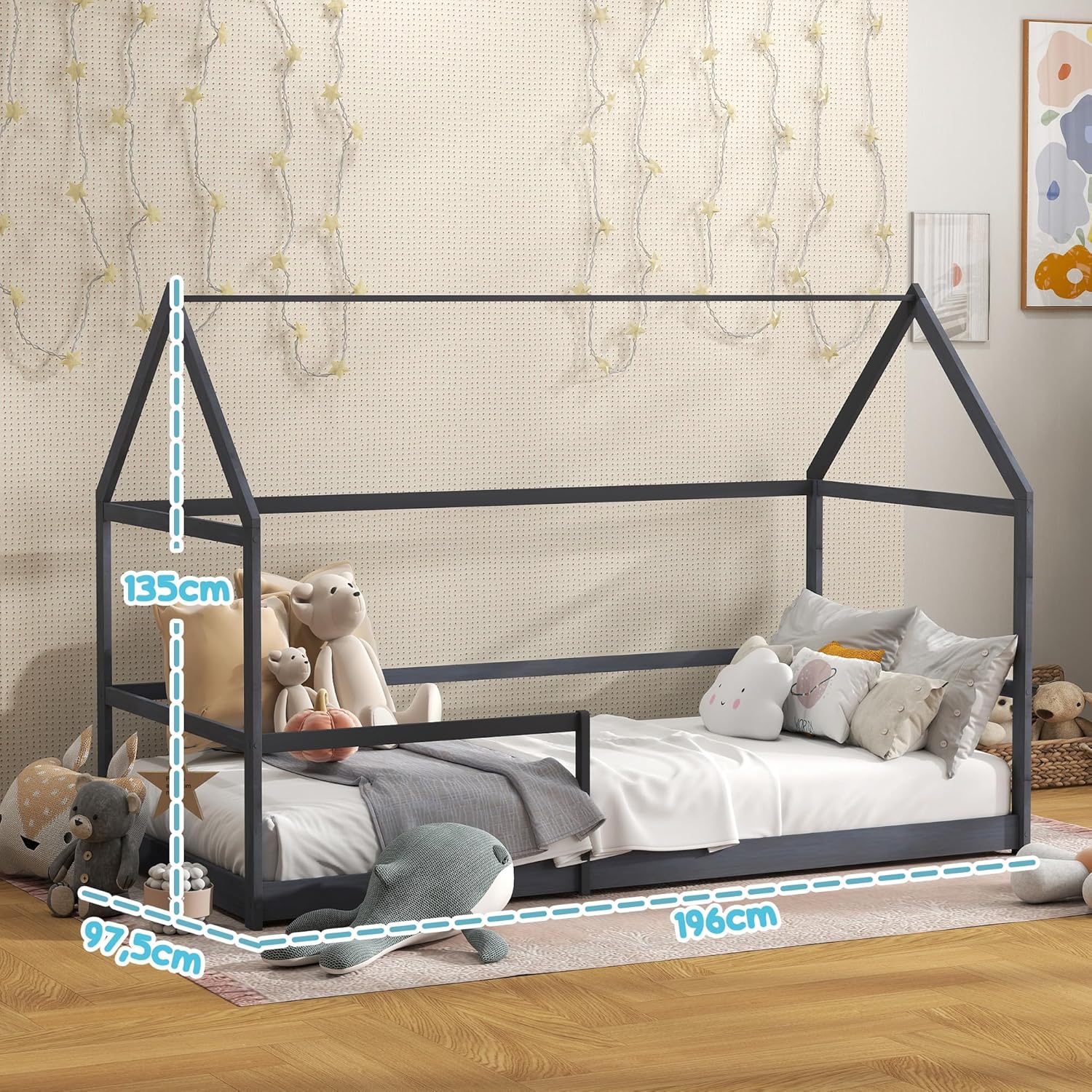 Schéma montrant les dimensions du lit cabane pour enfants AIYAPLAY : longueur 196 cm, largeur 97.5 cm et hauteur 135 cm.