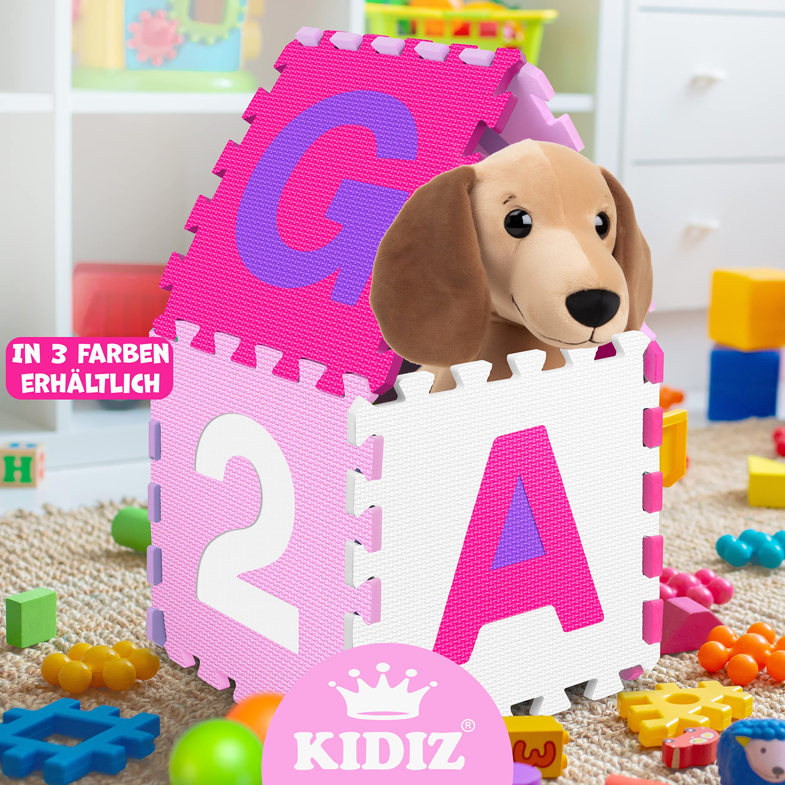 KIDIZ® Tappeto puzzle da 86 pezzi - tappeto da gioco per bambini - tappetino in gommapiuma - stuoia puzzle - tappetino per bambini - puzzle numeri e lettere - tappeto protettivo (Rosa)
