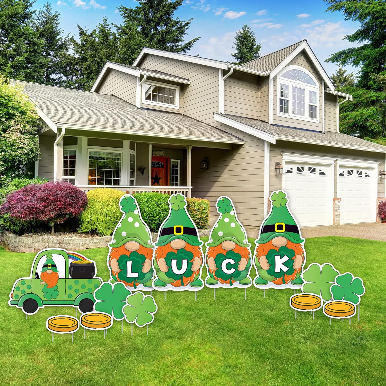 VictoryStore Jumbo St. Patrick's Day Gnome Yard Signs with Stakes, 35.5 Inch High Luck Gnomes,12 Piece Set Waterproof Lawn Cards, 20063