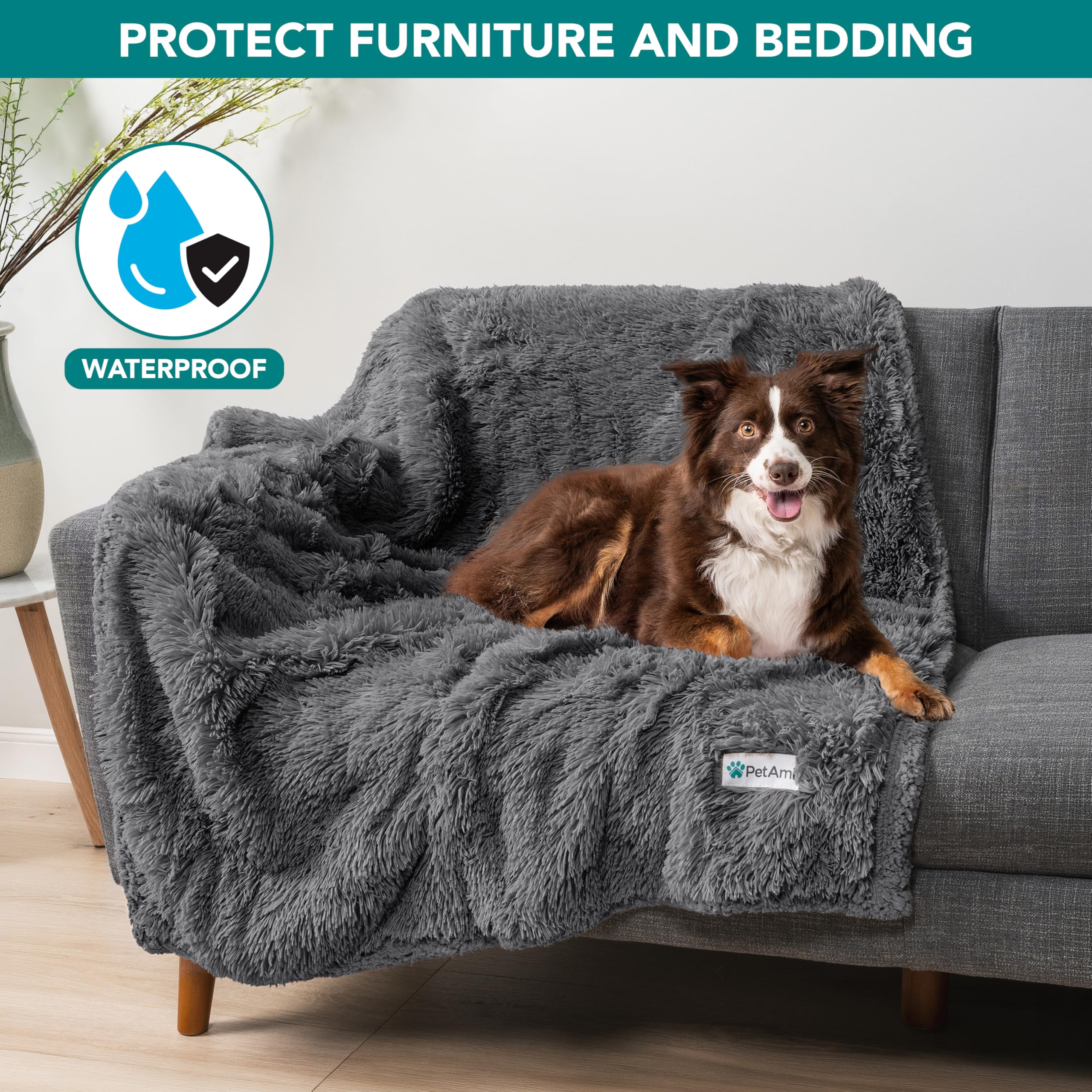 PetAmi Manta Impermeable esponjosa para Perro, Manta de Forro Polar de Piel sintética para Mascotas para Perros y Gatos | Peluda Suave y Peluda Sherpa Protector de Muebles, sofá Cama (Gris, 60 x 80)