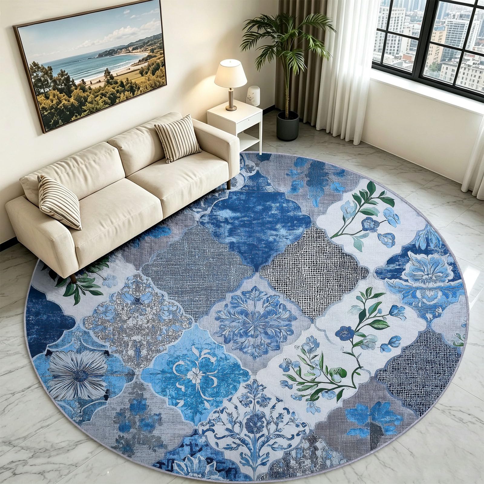 Antypoślizgowy okrągły dywan, niebieski 100 cm | Vintage, miękki z krótkim włosiem, można prać w pralce - geometria siatki na rośliny idealna do salonu, pokoju dziecięcego, jadalni lub jako dywanik do