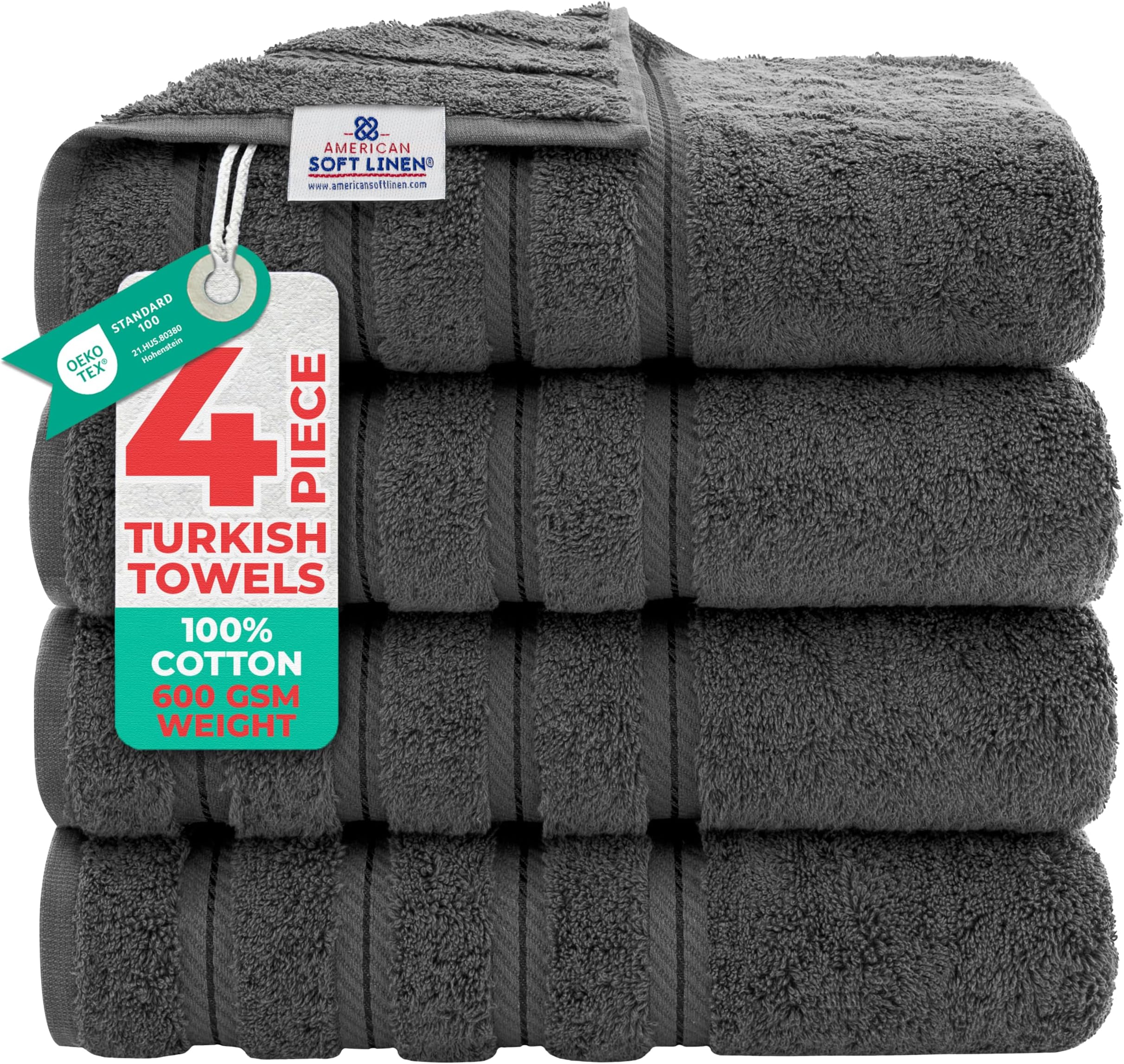 American Soft Linen Luxury 4 Piece Bath Towel Set, 100% Turkish Cotton Bath Towels for Bathroom 27x54 in Extra Large Bath Towels 4-Pack, Bathroom Shower Towels, Grey Bath Towels