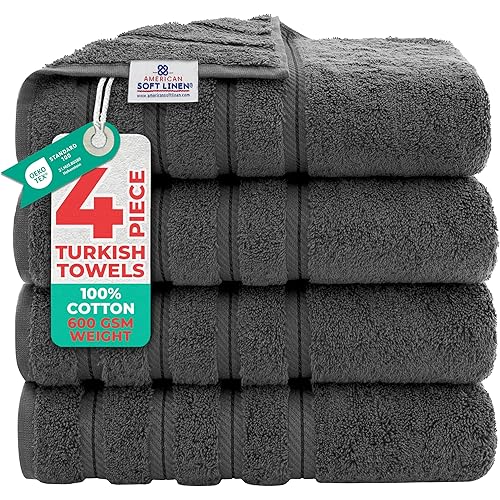 American Soft Linen Luxury 4 Piece Bath Towel Set, 600 GSM 100% Cotton Turkish Bath Towels for Bathroom, 27x54 in Large Bathroom Shower Towels, Dark Gray