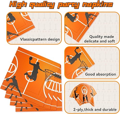 Miniatura 3 de Paquete de 120 piezas de suministros de fiesta de baloncesto, platos de papel, servilletas, tenedores, baloncesto, decoraciones de cumpleaños para