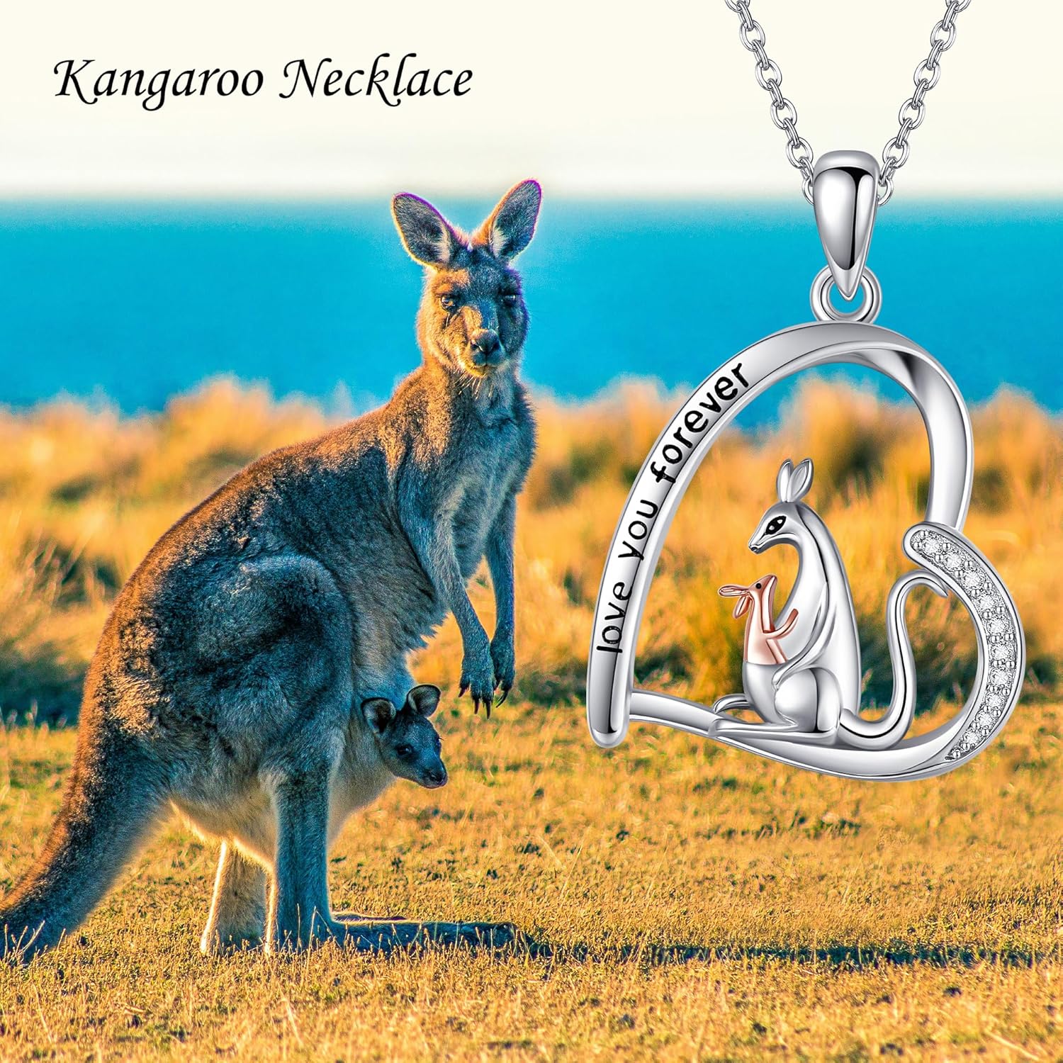 925 Sterling Silver Heart Pendant Kangaroo/Chicken Necklace Animal Jewelry Gifts for Women