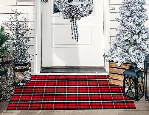 Miniatura 5 de Alfombra de Navidad roja y negra para exteriores, 24 x 51 pulgadas, alfombra de porche delantero a cuadros de Navidad, lavable a mano, de algodón,