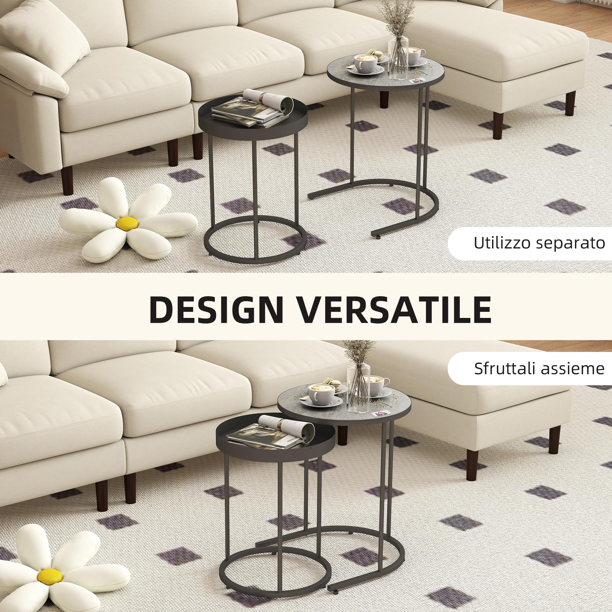 HOMCOM Set 2 Tavolini da Salotto Impilabili in Stile Industriale con Bordo Rialzato, Tavolini Rotondi in MDF e Metallo, per Soggiorno, Camera da Letto, Ufficio, Grigio e Nero