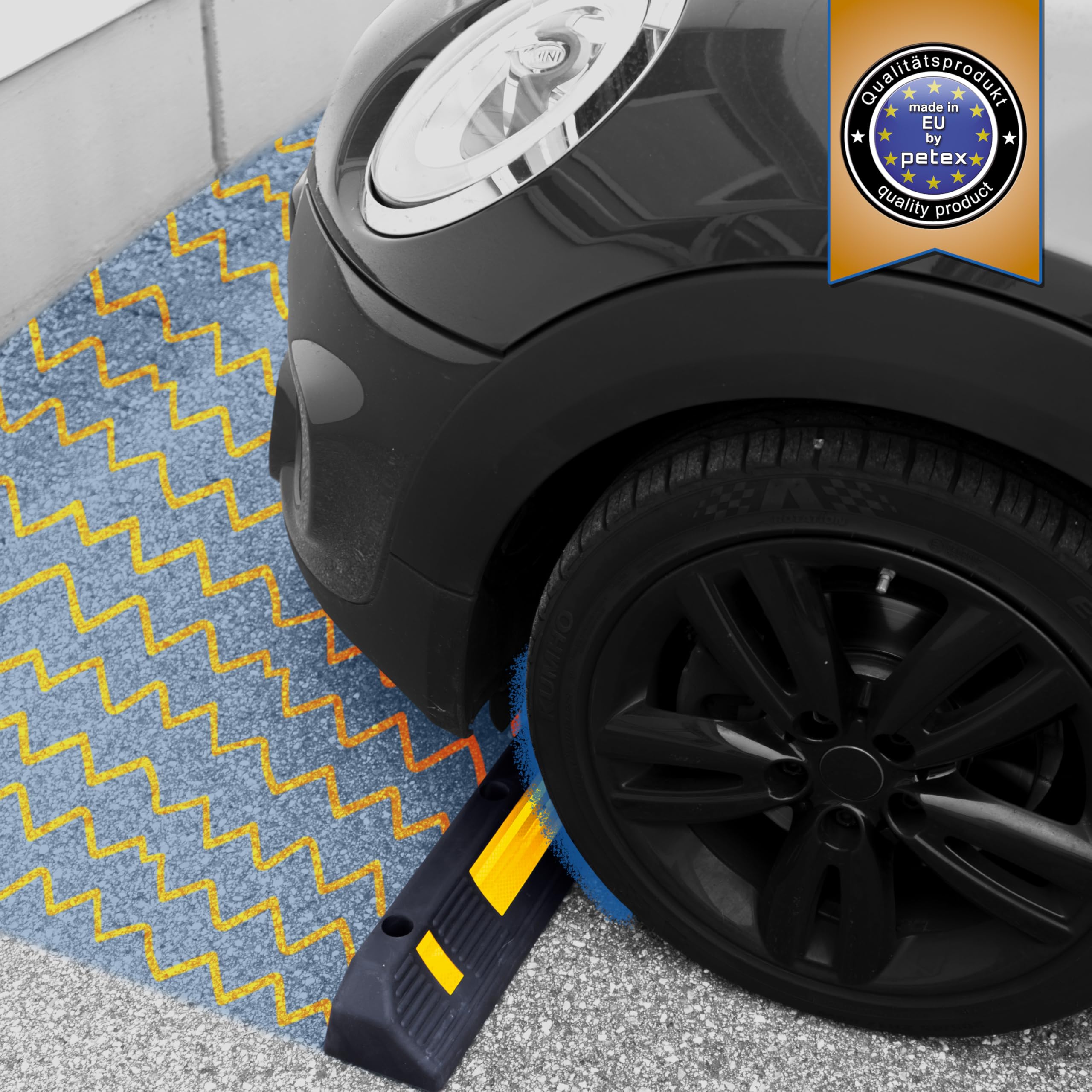 PETEX Fermaporta Ruota Garage con Strisce Riflettenti Gialle ECE R 104 per Garage e parcheggi, 58,7 x 12 x 9,5 cm, Supporto parcheggio in Gomma, Nero