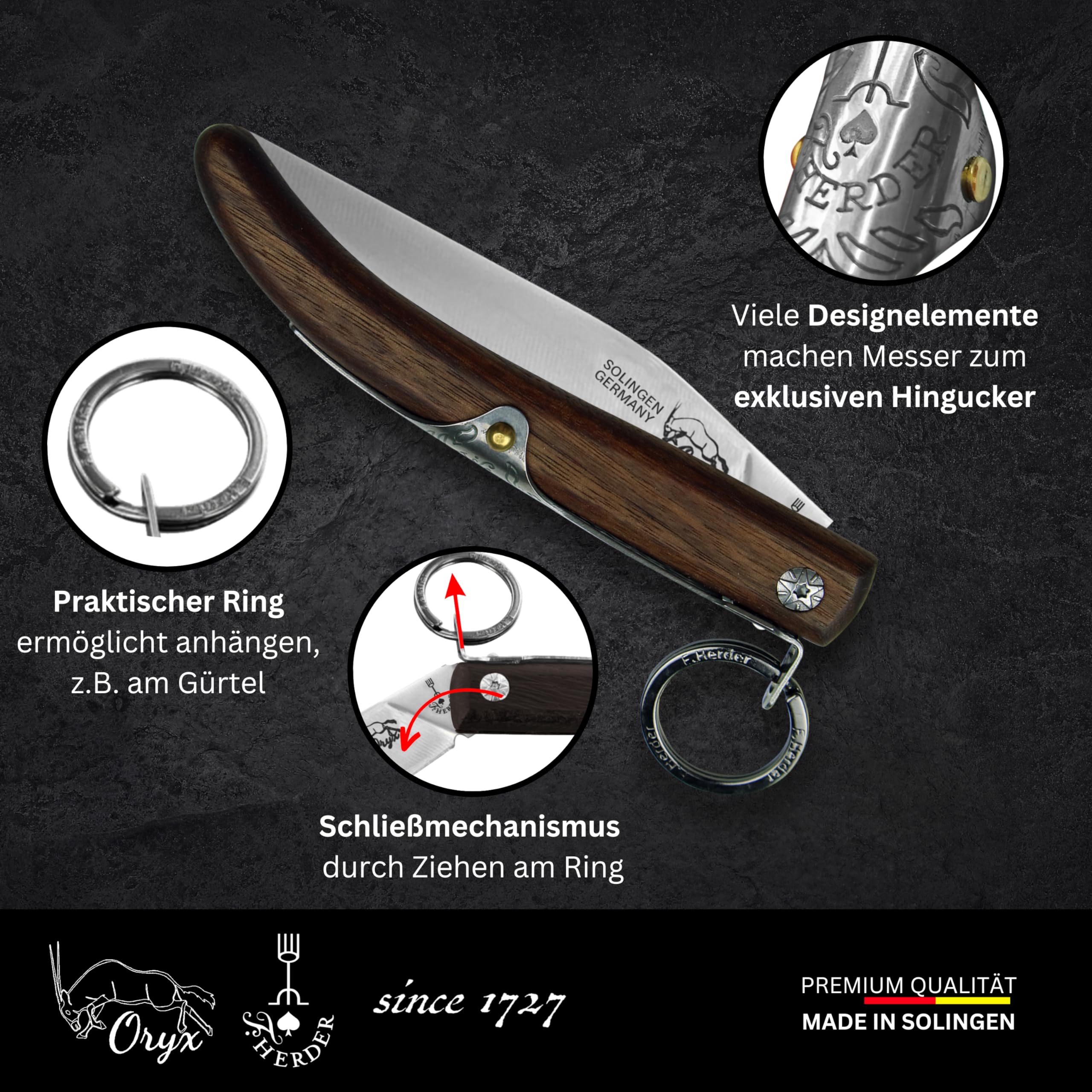Original Oryx Taschenmesser/Steakmesser, Ring-lock Forkbrand aus Solingen - Walnuss, Premium, 11 cm Klingenlänge, einklappbar