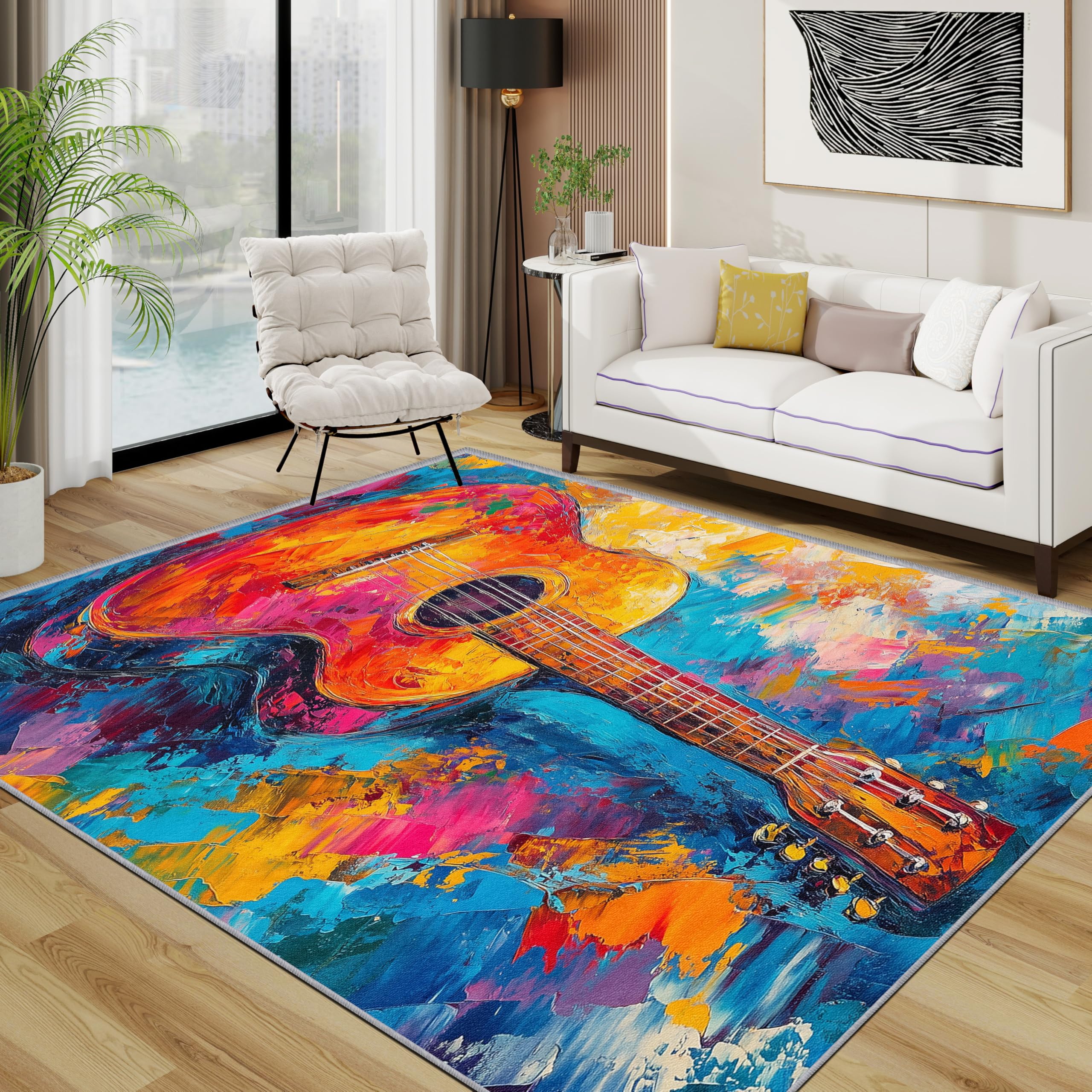 Gitarre Teppich 140x200 cm, Bunt Musik ölgemälde Teppich Wohnzimmer, Musikalisch Abstrakt Kunst Kurzflor rutschfest Pflegeleicht Teppiche Für Jugendzimmer Schlafzimmer, Orange Blau Rosa
