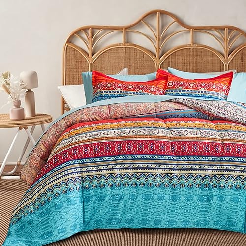 Flysheep Juego de edredón reversible de 6 piezas con diseño bohemio a rayas en una bolsa, tamaño individual, colorido, bohemio, tribal, verde
