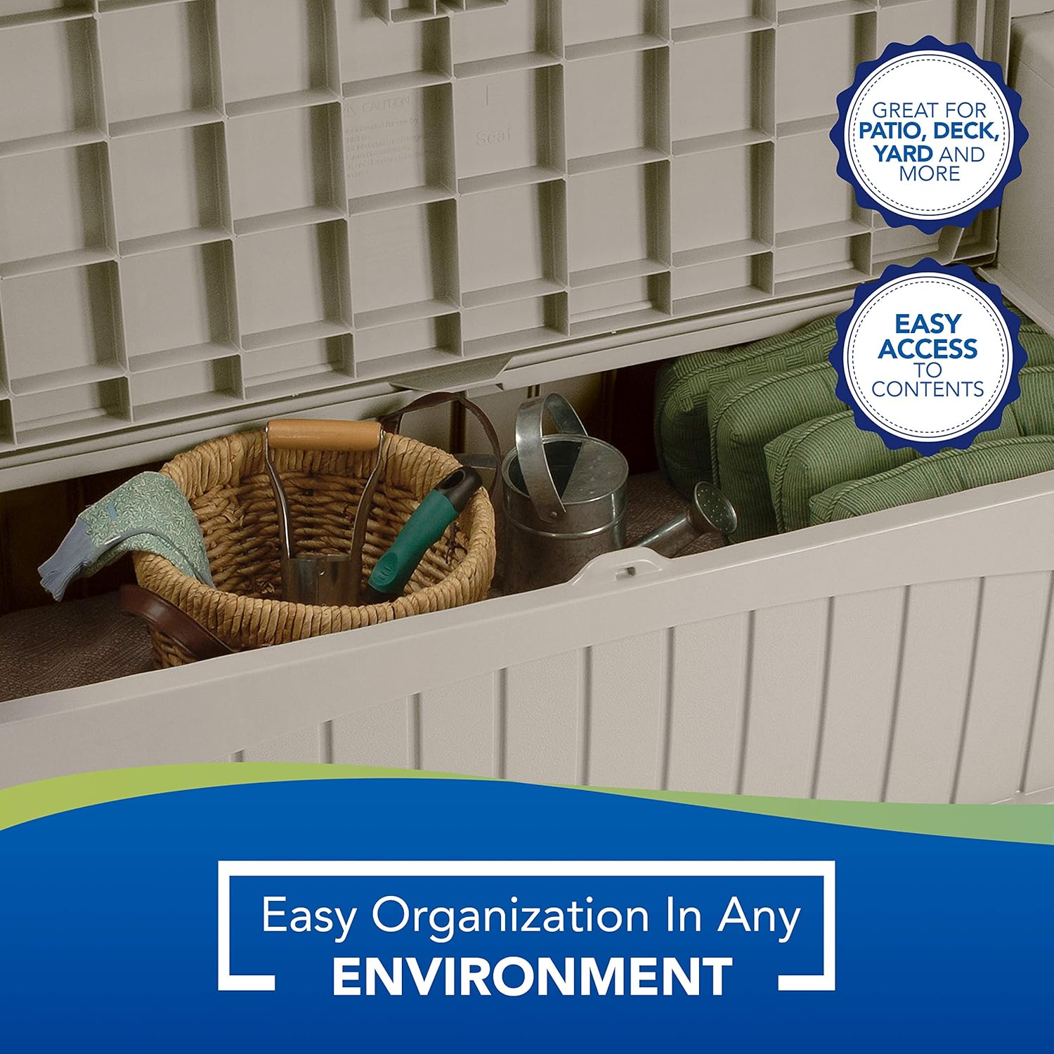 Suncast 50 Gallon Patio Bench with Storage - Decorative Resin Outdoor Patio Bench for Deck, Patio, Garden, Backyard - Ideal for Storing Toys, Cushions, Tools - Taupe () : Everything Else