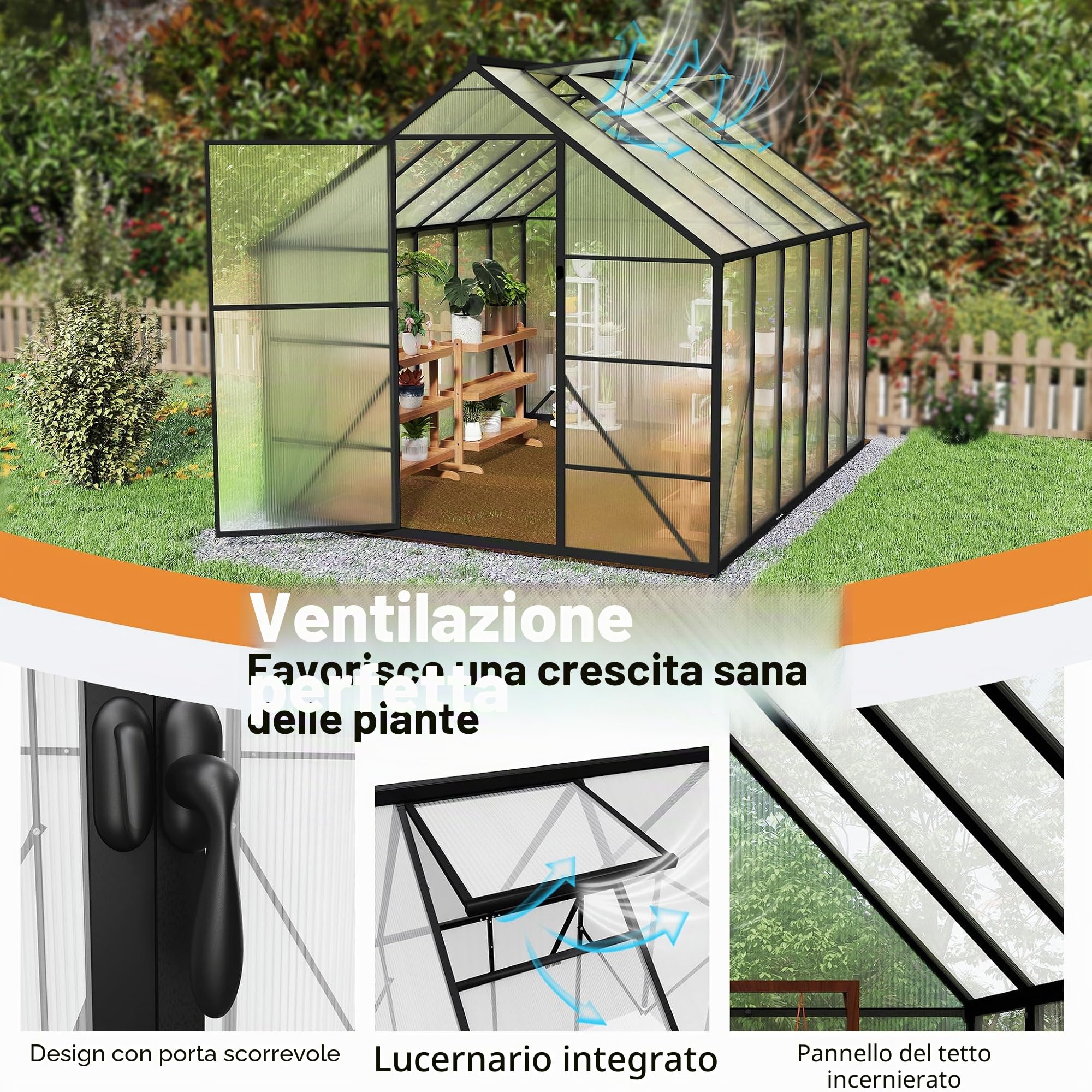 Serra in alluminio con pannelli trasparenti PC, lucernario, porta e fondazioni, 305x250x205cm Inverno Tenda da Giardinaggio accessibile, vivaio di coltivazione per giardino ed esterno