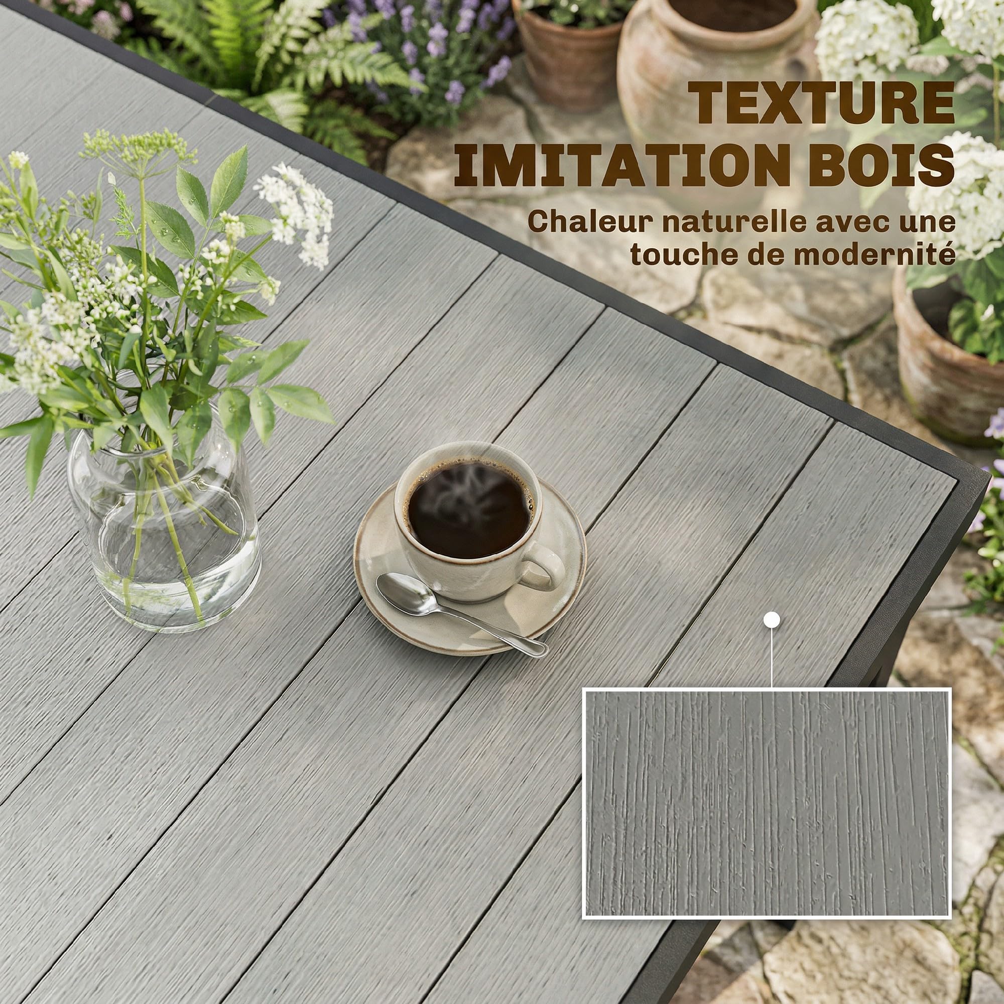 Outsunny Table de Jardin rectangulaire pour 4 à 6 Personnes, Table à Manger extérieure avec Plateau à Lattes, Pieds en Acier, idéale pour terrasse, Balcon, Porche, 140 x 90 x 74 cm, Gris