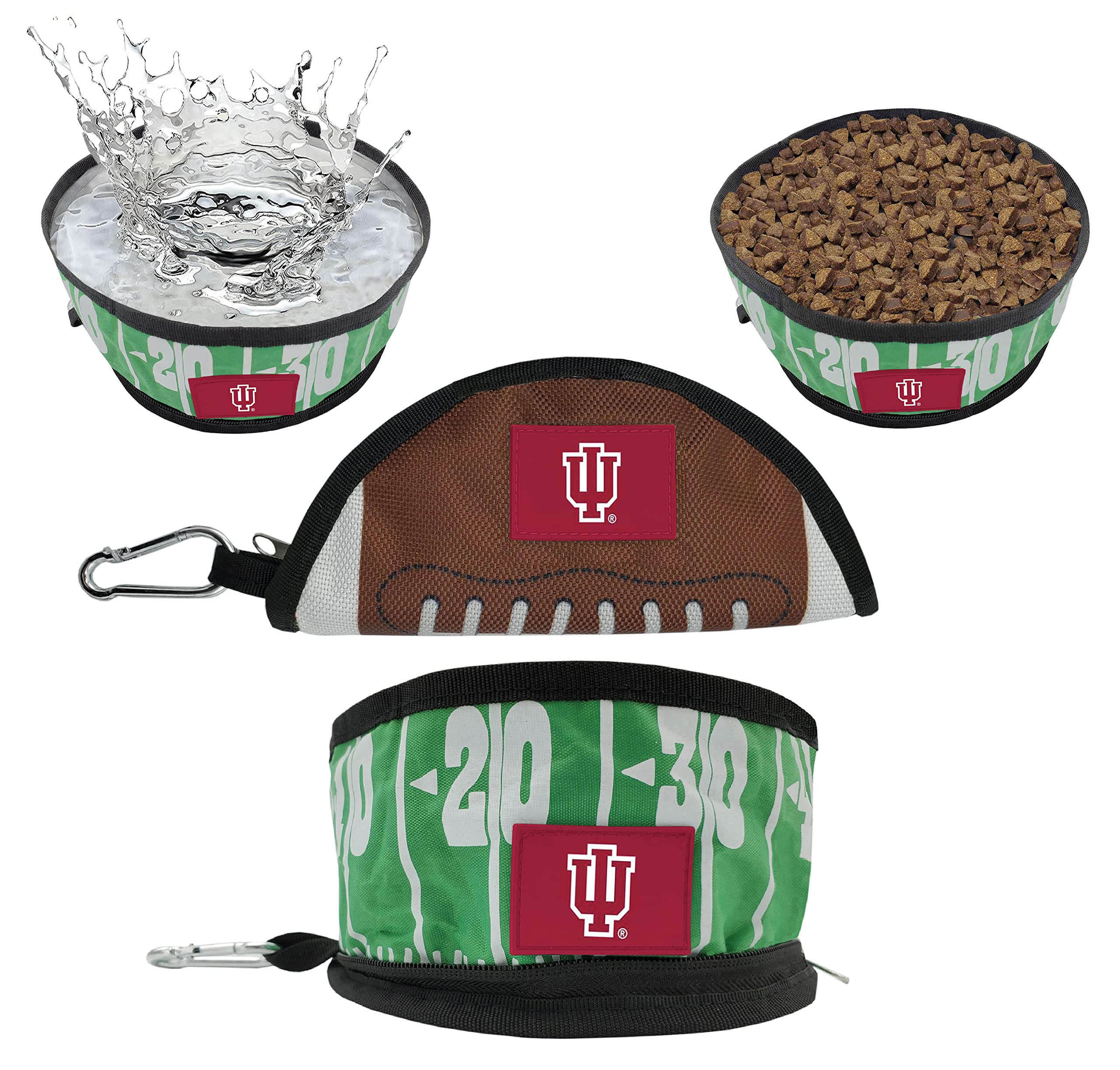 Pets First NCAA Indiana Hoosiers - Ciotola da viaggio pieghevole per cani e gatti, ciotola per cibo e acqua, leggera, a prova di perdite, per viaggi, con campo da calcio e design a grana di ciottoli